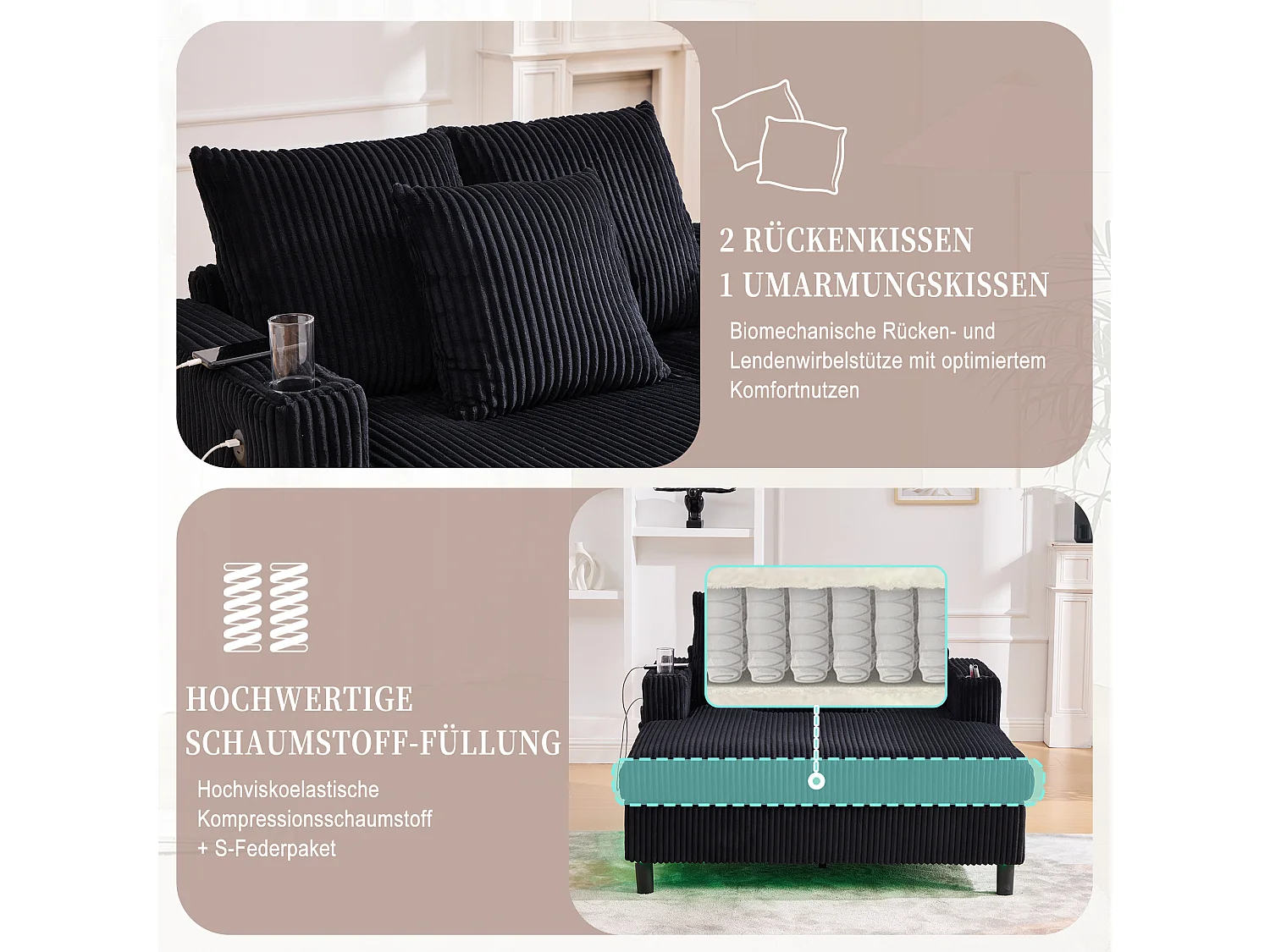 Canapé 1 place fixe en velours noir – double couche pliable – avec LED & port USB - 350kg / 128x85cm