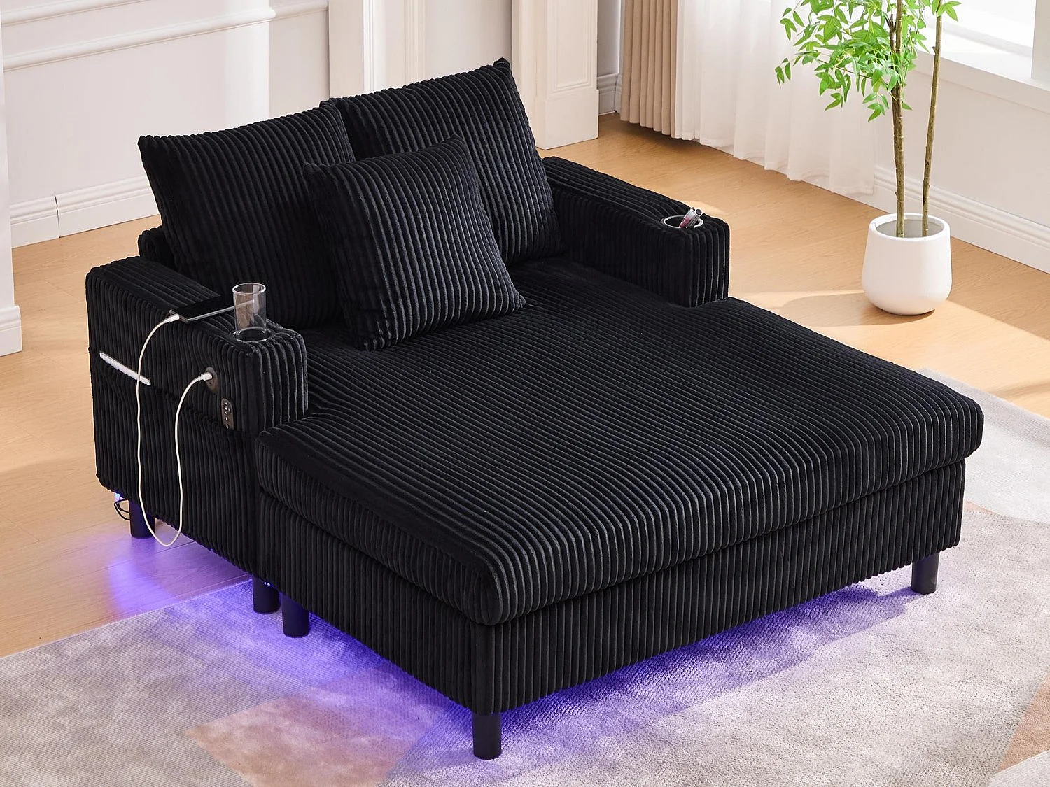 Méridienne 1 place fixe en velours noir – double couche pliable – avec LED & port USB - 350kg / 128x85cm