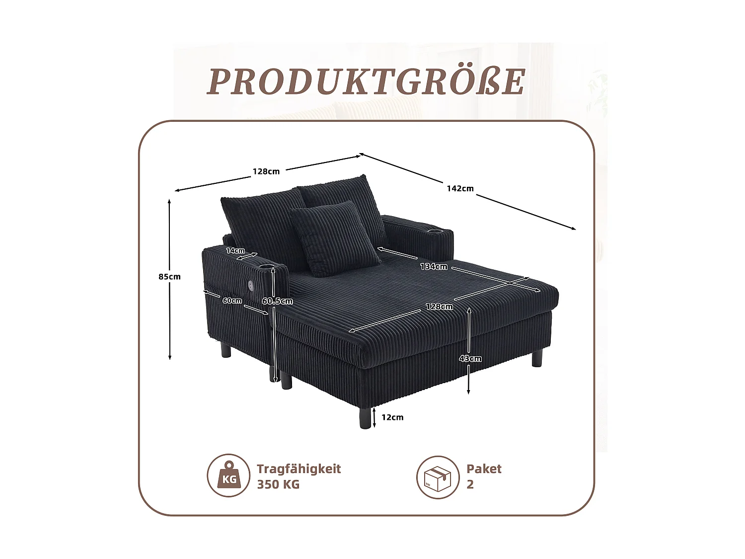 Méridienne 1 place fixe en velours noir – double couche pliable – avec LED & port USB - 350kg / 128x85cm