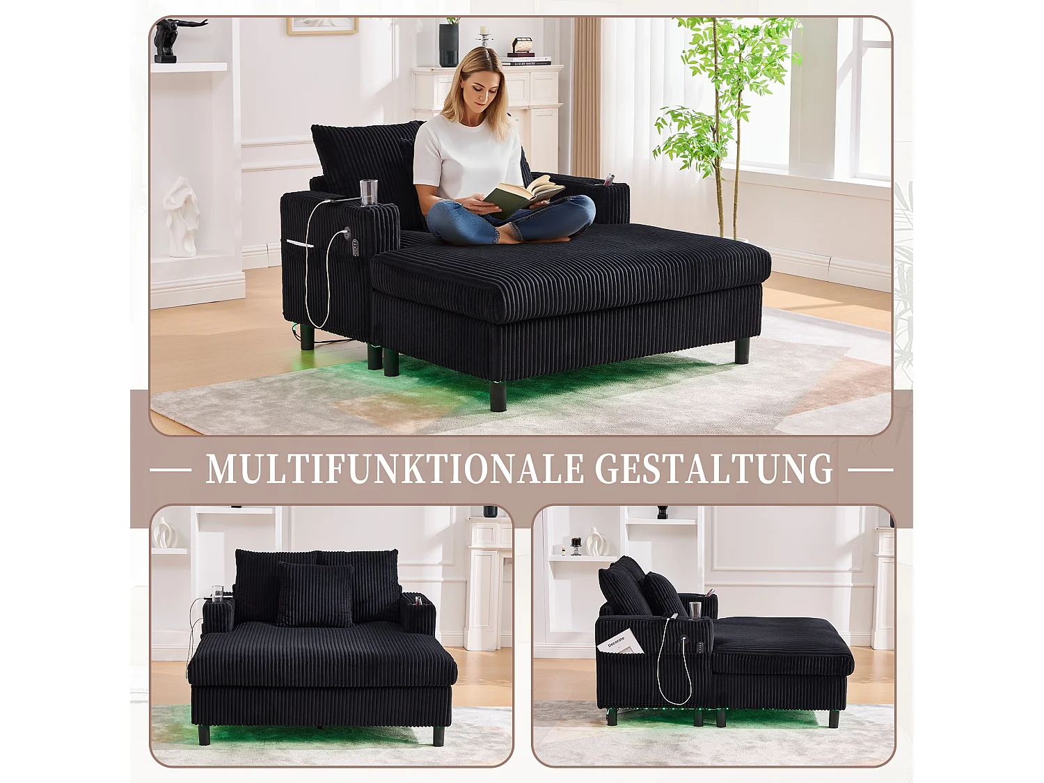 Méridienne 1 place fixe en velours noir – double couche pliable – avec LED & port USB - 350kg / 128x85cm