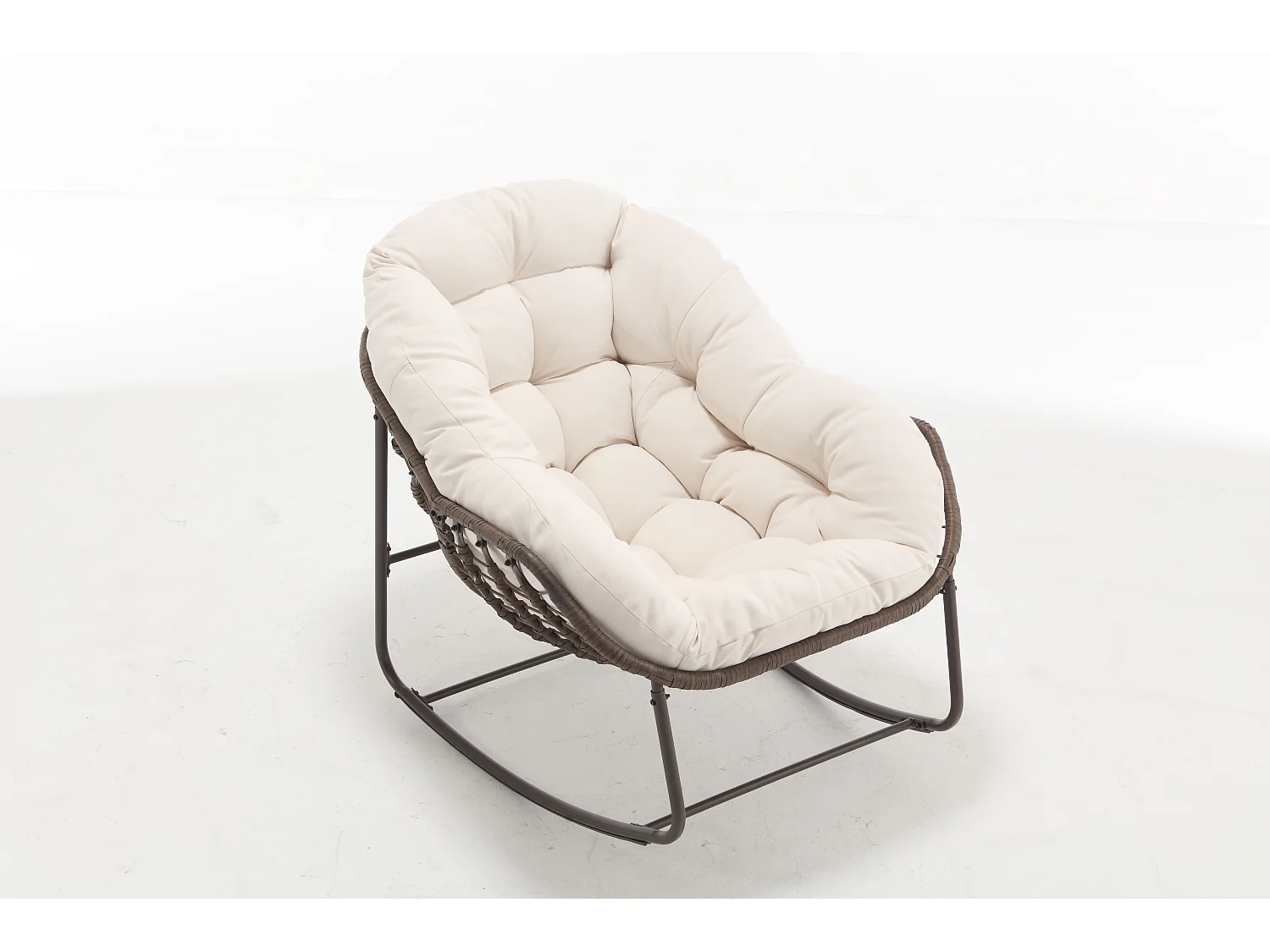 Fauteuil à Bascule en Rotin Naturel - Forme Œuf et Coussin Blanc Crème - Confortable pour Salon, Véranda ou Chambre