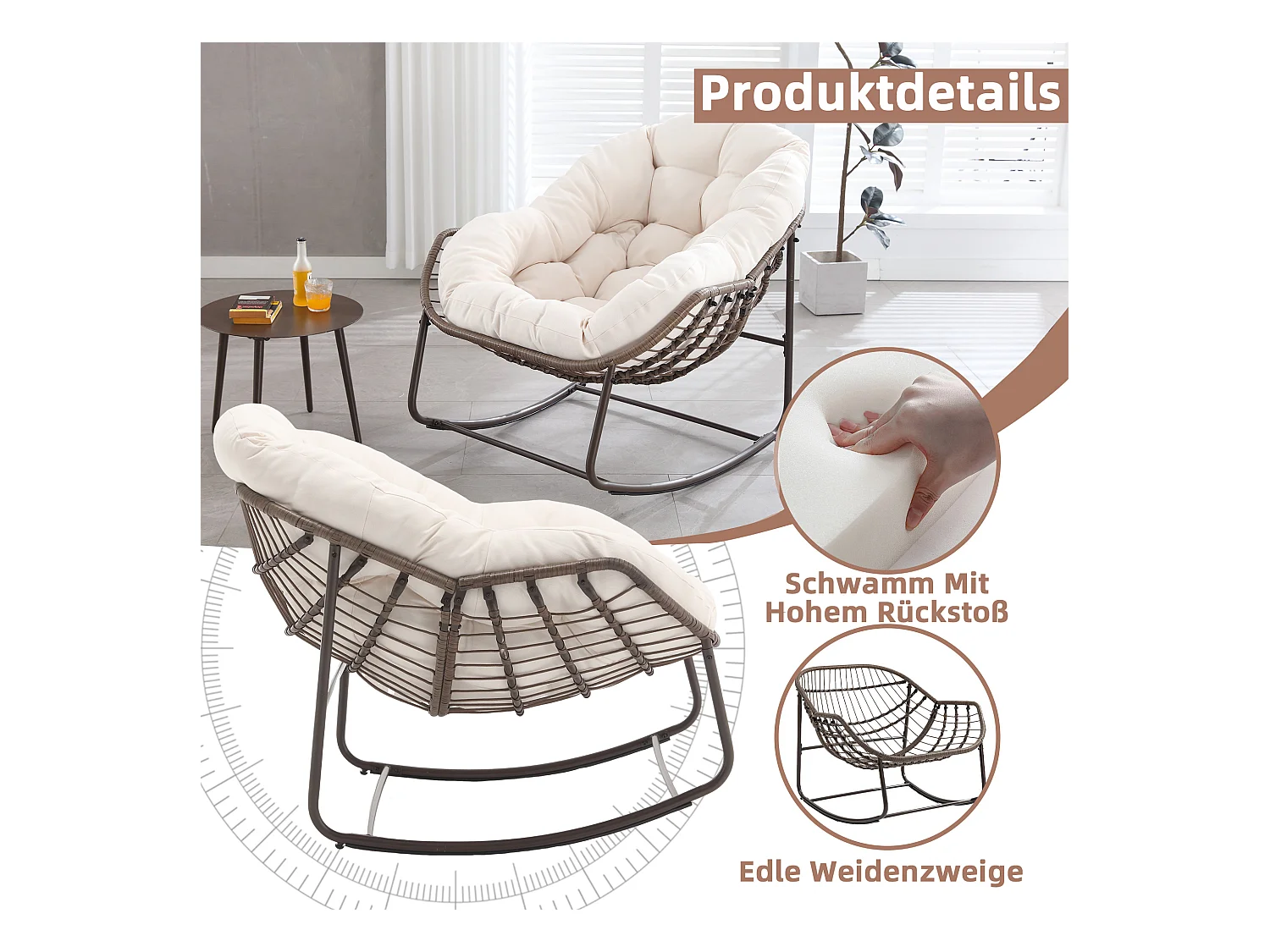 Fauteuil à Bascule en Rotin Naturel - Forme Œuf et Coussin Blanc Crème - Confortable pour Salon, Véranda ou Chambre