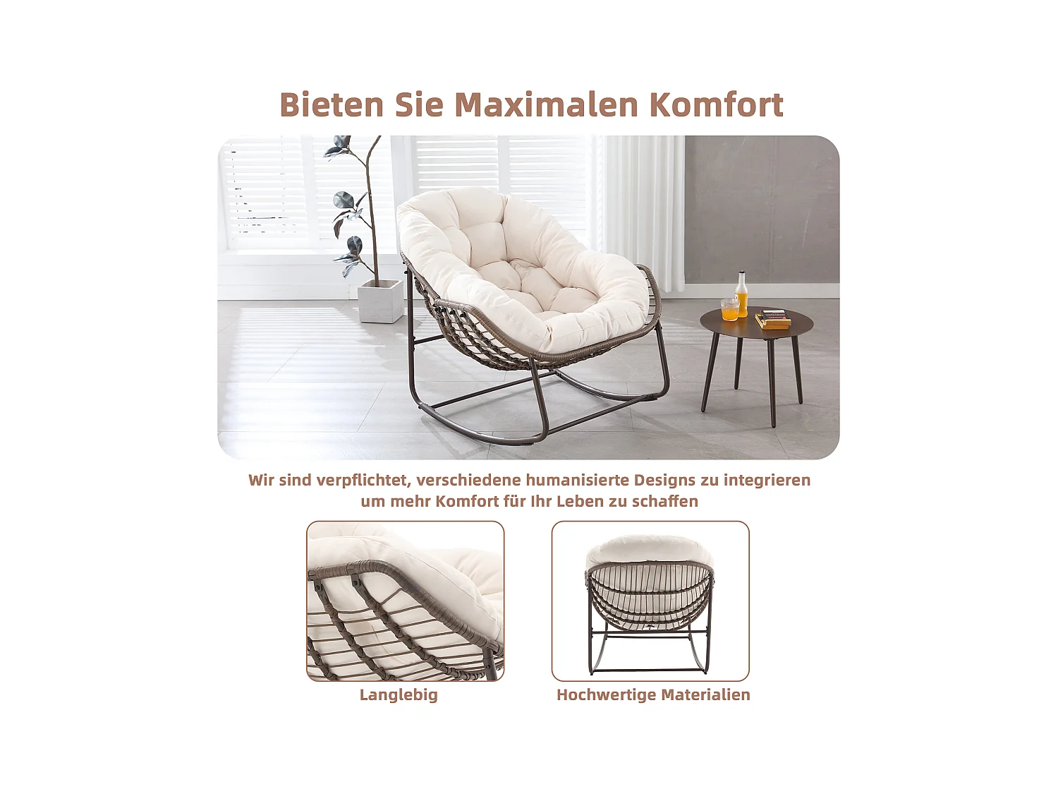 Fauteuil à Bascule en Rotin Naturel - Forme Œuf et Coussin Blanc Crème - Confortable pour Salon, Véranda ou Chambre