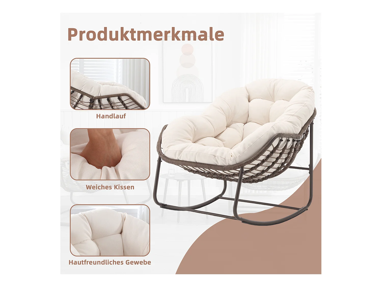 Fauteuil à Bascule en Rotin Naturel - Forme Œuf et Coussin Blanc Crème - Confortable pour Salon, Véranda ou Chambre