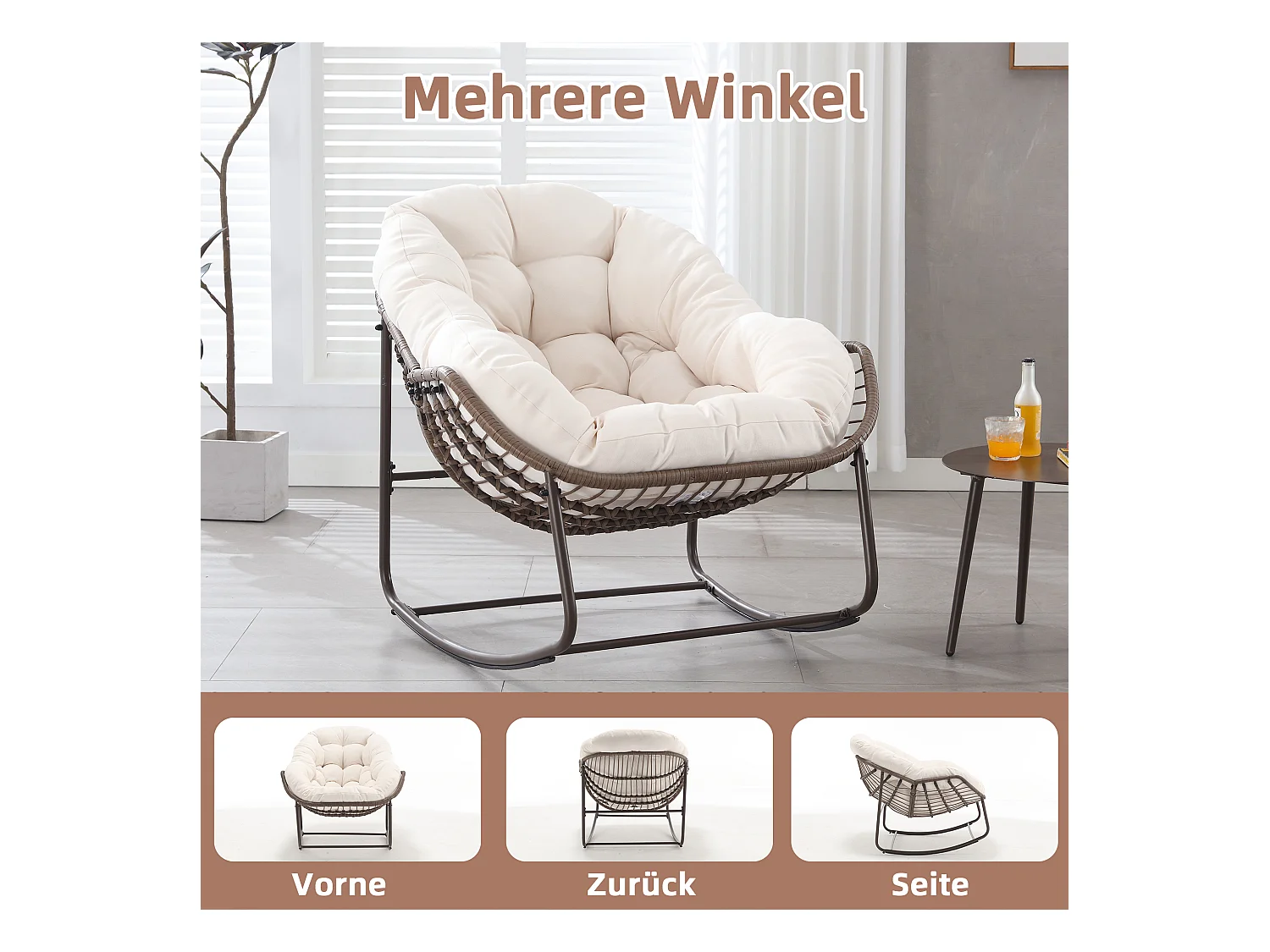 Fauteuil à Bascule en Rotin Naturel - Forme Œuf et Coussin Blanc Crème - Confortable pour Salon, Véranda ou Chambre