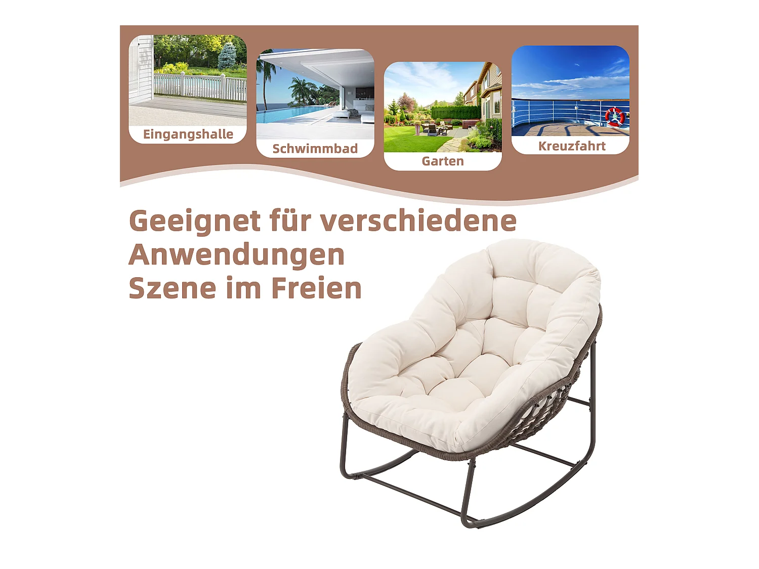 Fauteuil à Bascule en Rotin Naturel - Forme Œuf et Coussin Blanc Crème - Confortable pour Salon, Véranda ou Chambre