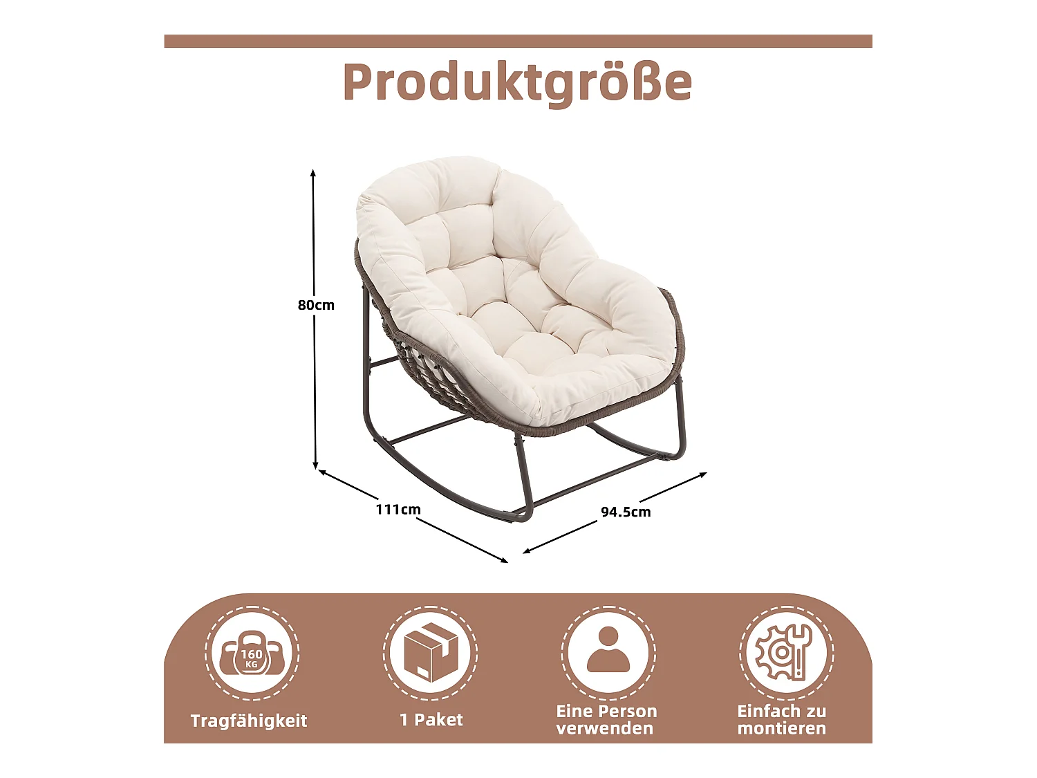 Fauteuil à Bascule en Rotin Naturel - Forme Œuf et Coussin Blanc Crème - Confortable pour Salon, Véranda ou Chambre