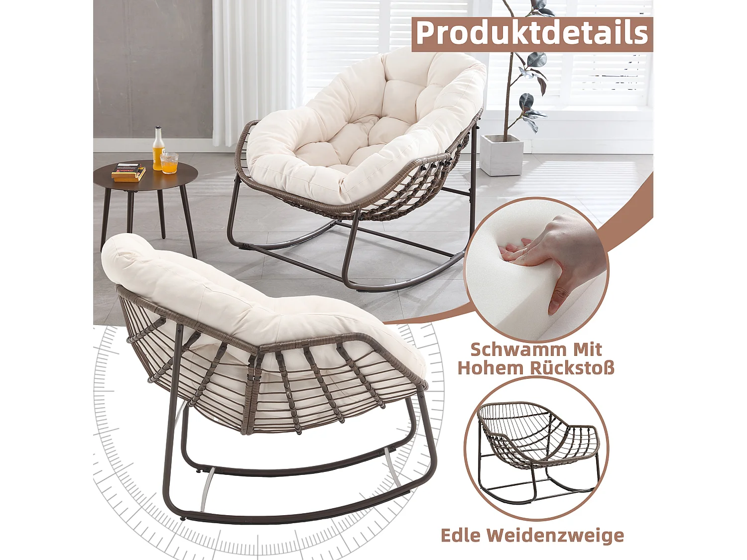 Fauteuil à Bascule en Rotin Naturel - Forme Œuf et Coussin Blanc Crème - Confortable pour Salon, Véranda ou Chambre