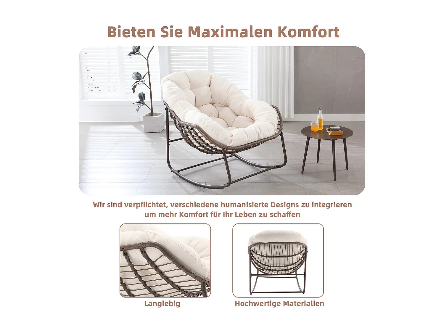 Fauteuil à Bascule en Rotin Naturel - Forme Œuf et Coussin Blanc Crème - Confortable pour Salon, Véranda ou Chambre