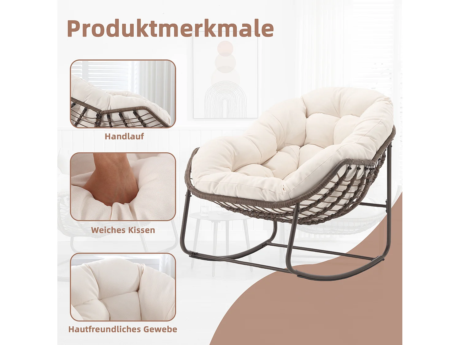 Fauteuil à Bascule en Rotin Naturel - Forme Œuf et Coussin Blanc Crème - Confortable pour Salon, Véranda ou Chambre