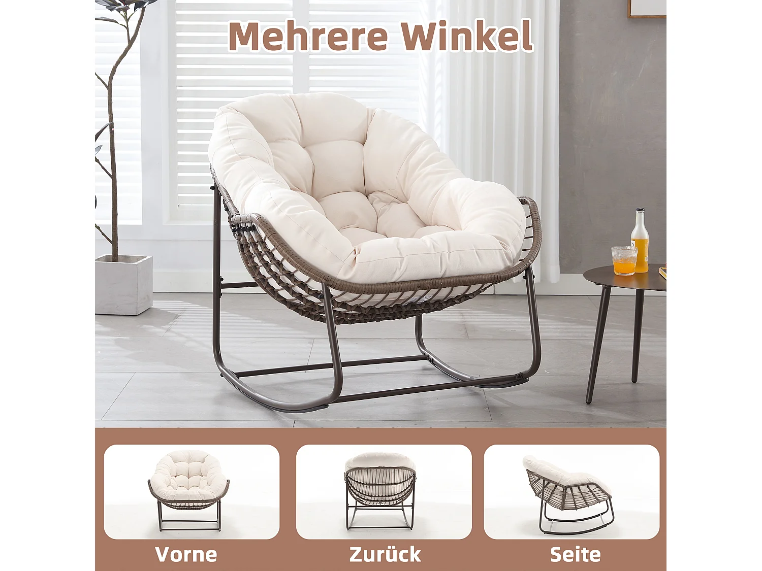 Fauteuil à Bascule en Rotin Naturel - Forme Œuf et Coussin Blanc Crème - Confortable pour Salon, Véranda ou Chambre