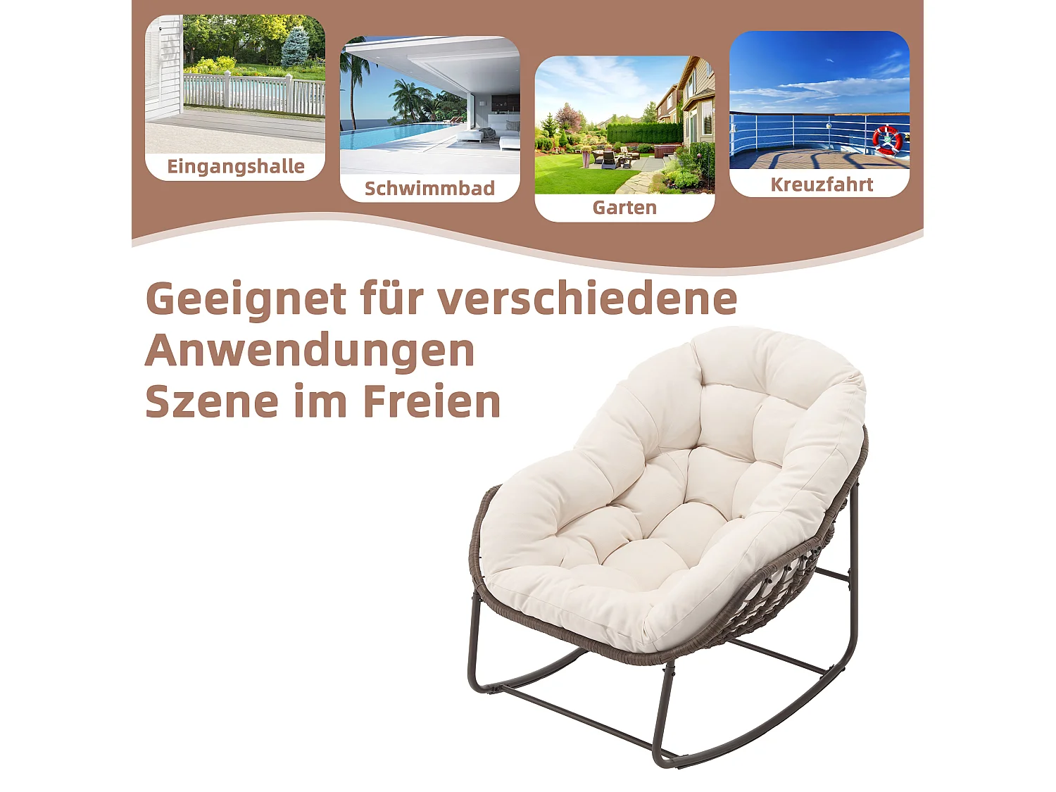 Fauteuil à Bascule en Rotin Naturel - Forme Œuf et Coussin Blanc Crème - Confortable pour Salon, Véranda ou Chambre