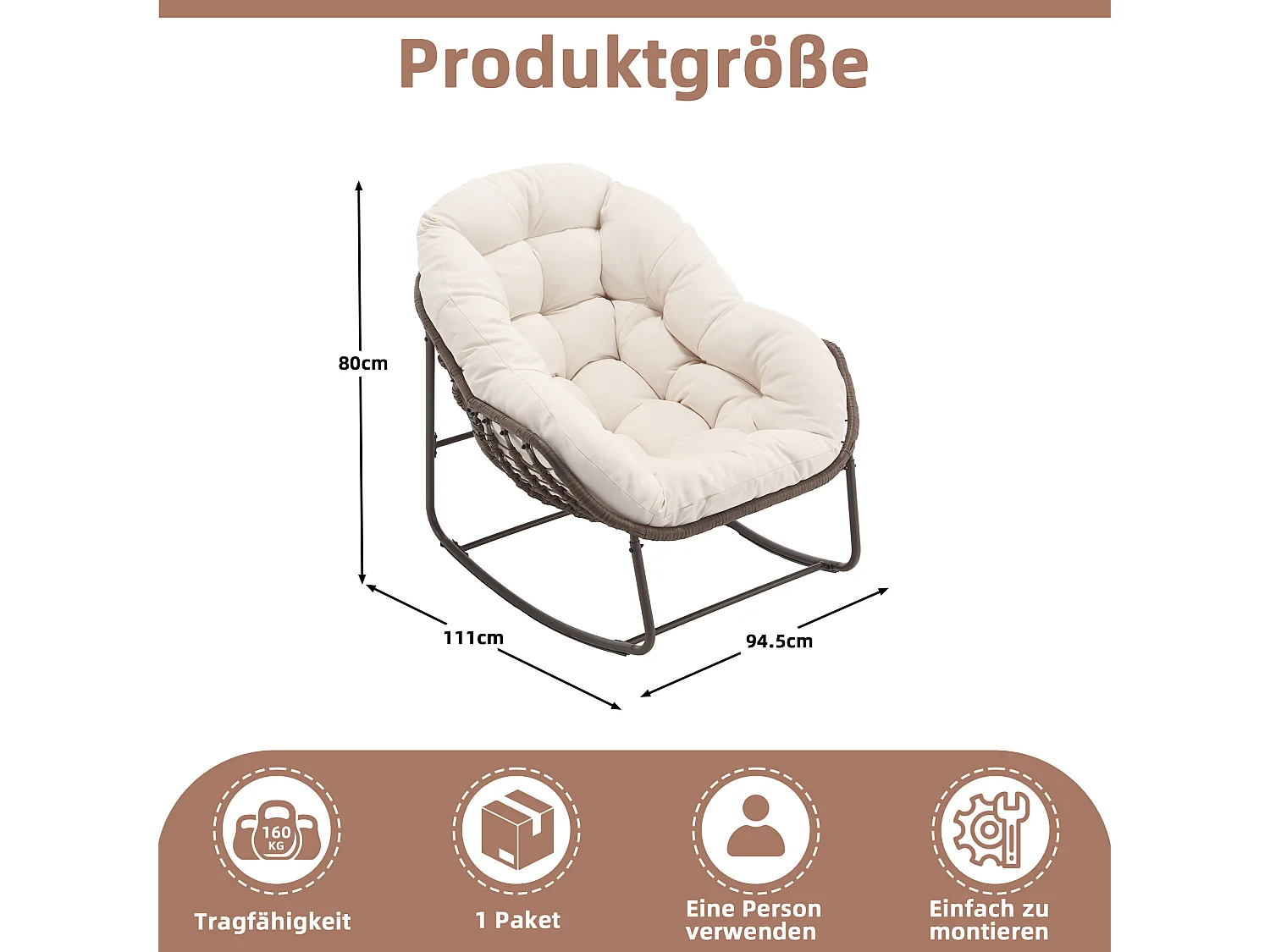 Fauteuil à Bascule en Rotin Naturel - Forme Œuf et Coussin Blanc Crème - Confortable pour Salon, Véranda ou Chambre