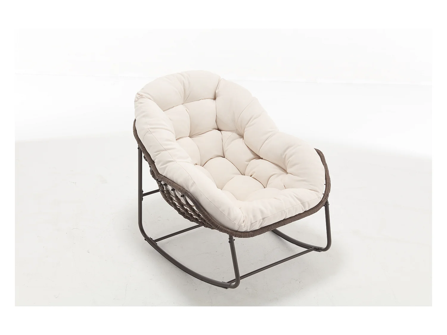 Fauteuil à Bascule en Rotin Naturel - Forme Œuf et Coussin Blanc Crème - Confortable pour Salon, Véranda ou Chambre