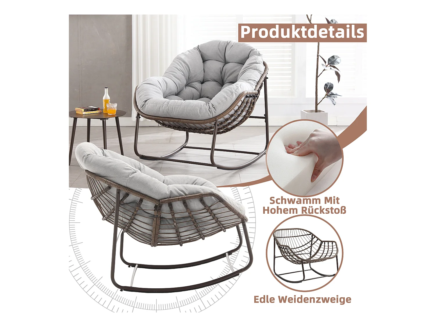 Fauteuil à Bascule en Rotin Naturel - Forme Œuf et Coussin Gris Clair - Confortable pour Salon, Véranda ou Chambre