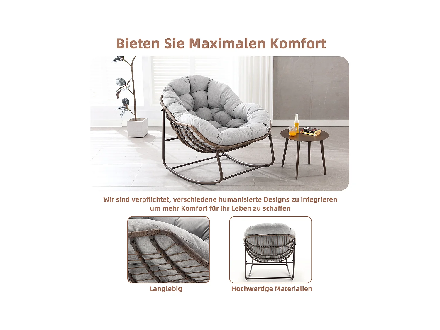 Fauteuil à Bascule en Rotin Naturel - Forme Œuf et Coussin Gris Clair - Confortable pour Salon, Véranda ou Chambre