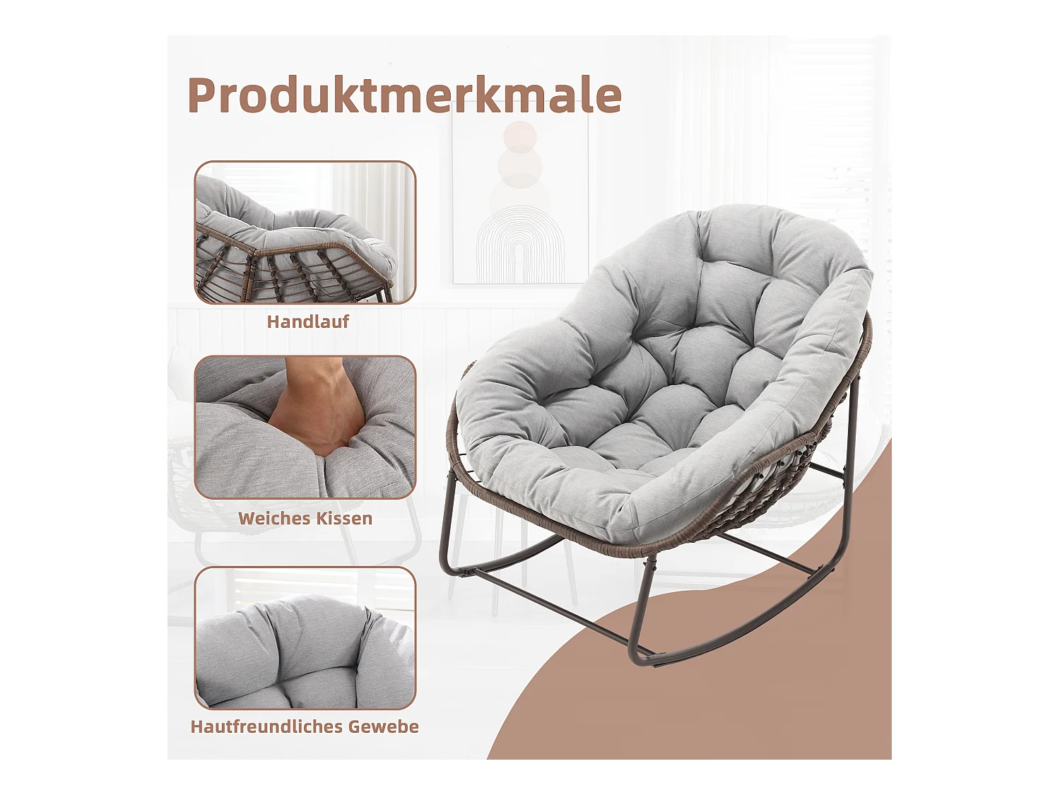 Fauteuil à Bascule en Rotin Naturel - Forme Œuf et Coussin Gris Clair - Confortable pour Salon, Véranda ou Chambre