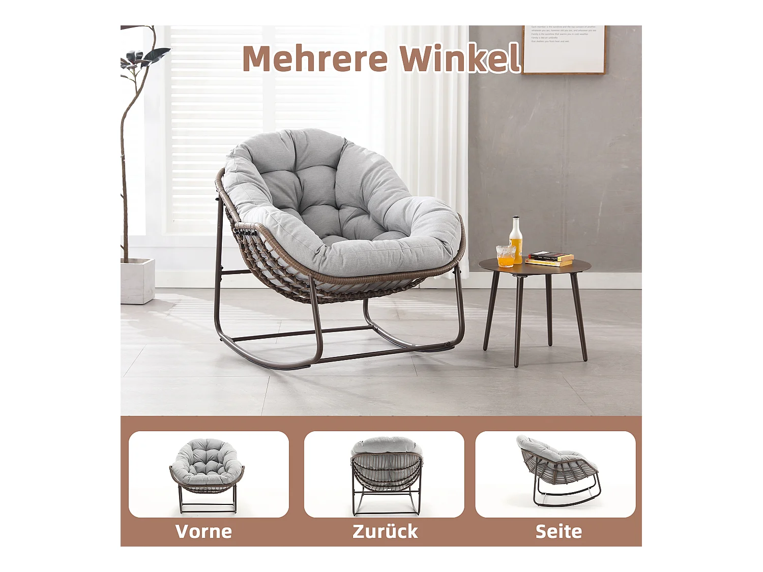 Fauteuil à Bascule en Rotin Naturel - Forme Œuf et Coussin Gris Clair - Confortable pour Salon, Véranda ou Chambre