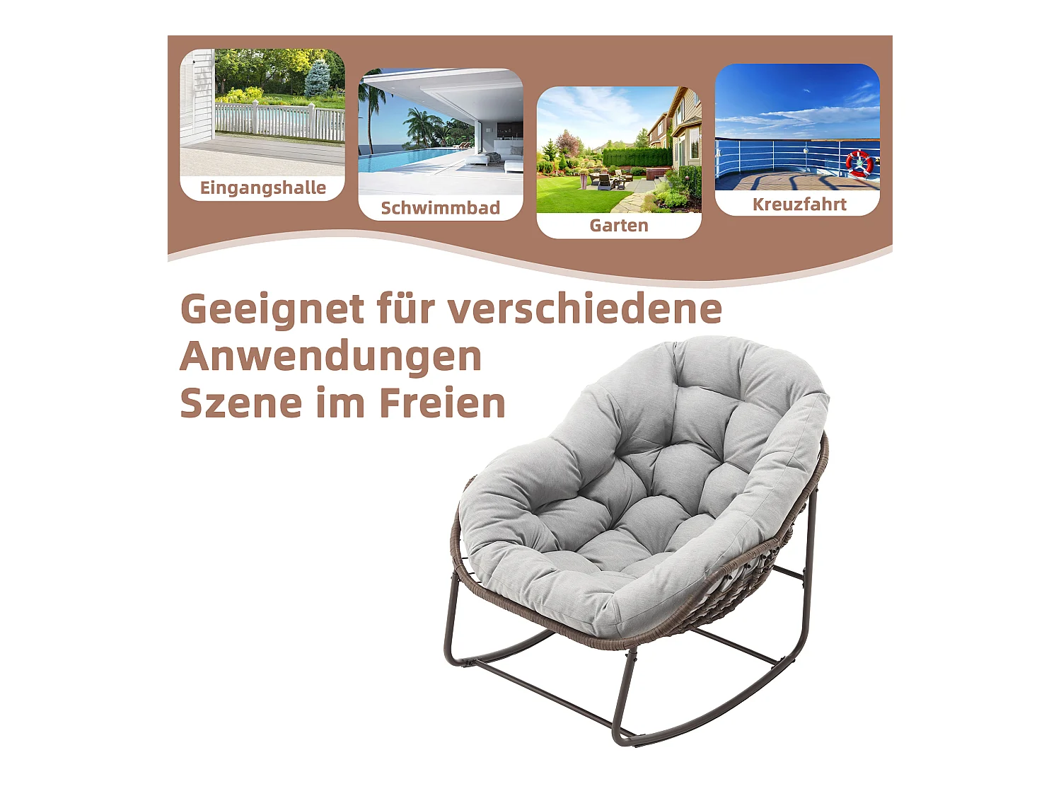 Fauteuil à Bascule en Rotin Naturel - Forme Œuf et Coussin Gris Clair - Confortable pour Salon, Véranda ou Chambre