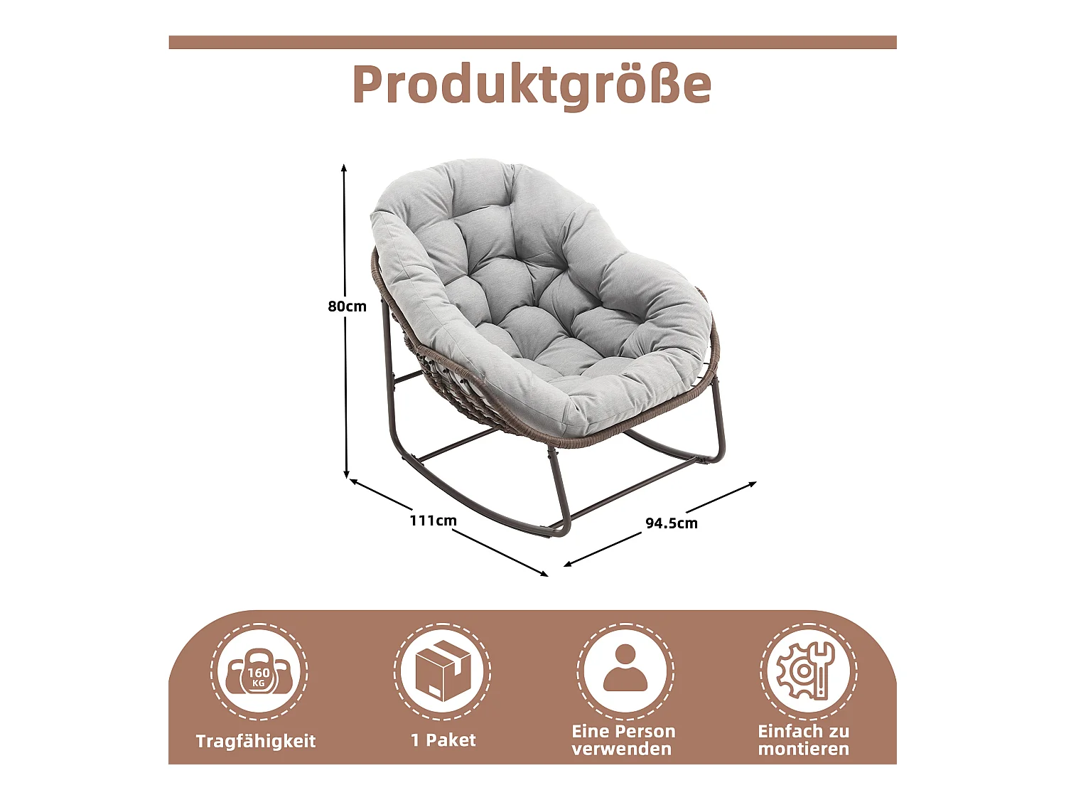 Fauteuil à Bascule en Rotin Naturel - Forme Œuf et Coussin Gris Clair - Confortable pour Salon, Véranda ou Chambre