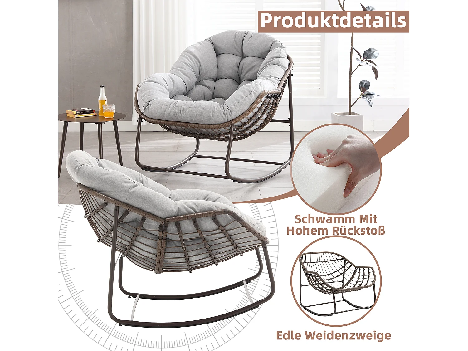 Fauteuil à Bascule en Rotin Naturel - Forme Œuf et Coussin Gris Clair - Confortable pour Salon, Véranda ou Chambre