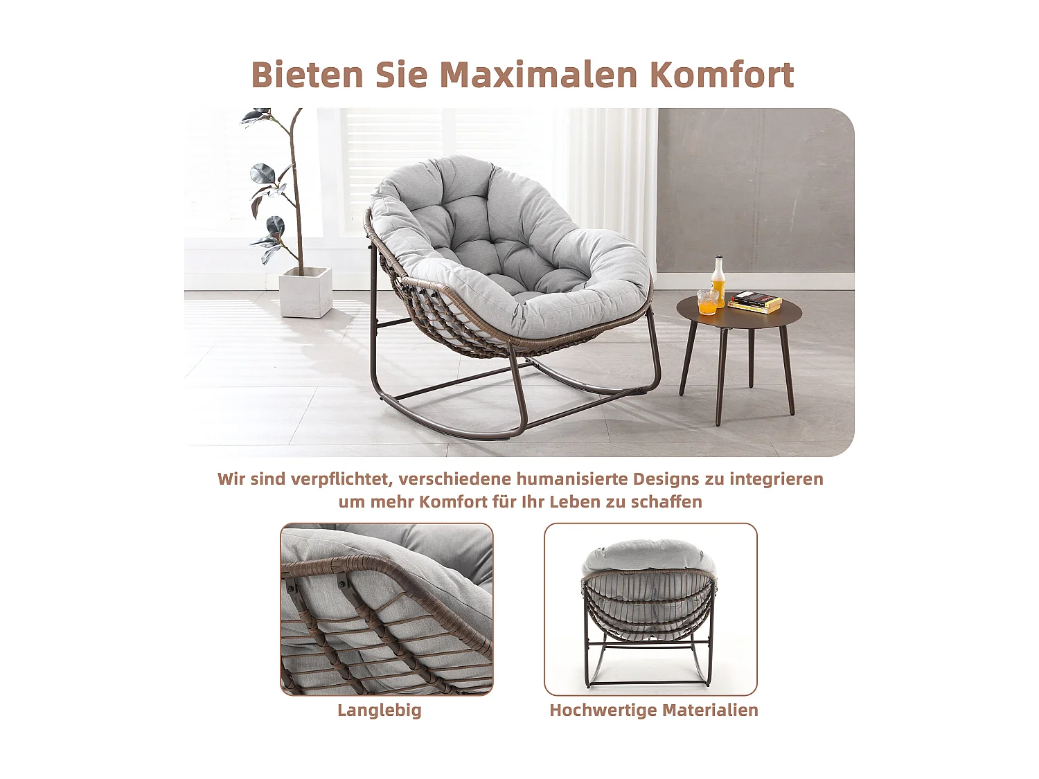 Fauteuil à Bascule en Rotin Naturel - Forme Œuf et Coussin Gris Clair - Confortable pour Salon, Véranda ou Chambre