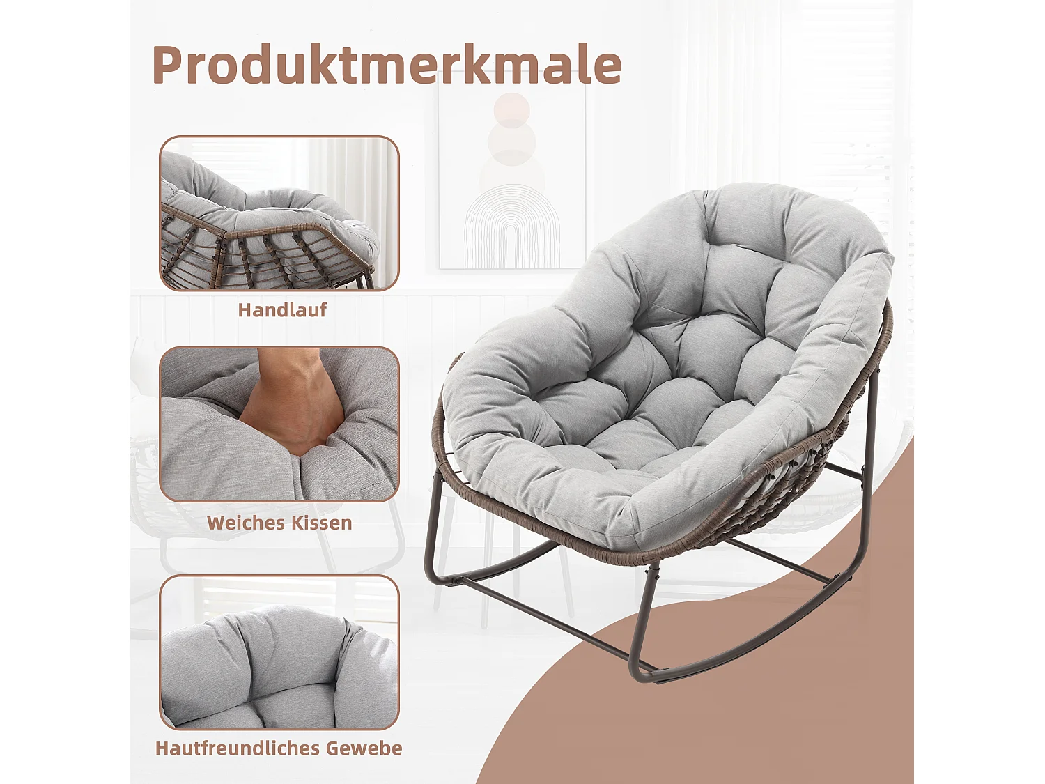 Fauteuil à Bascule en Rotin Naturel - Forme Œuf et Coussin Gris Clair - Confortable pour Salon, Véranda ou Chambre