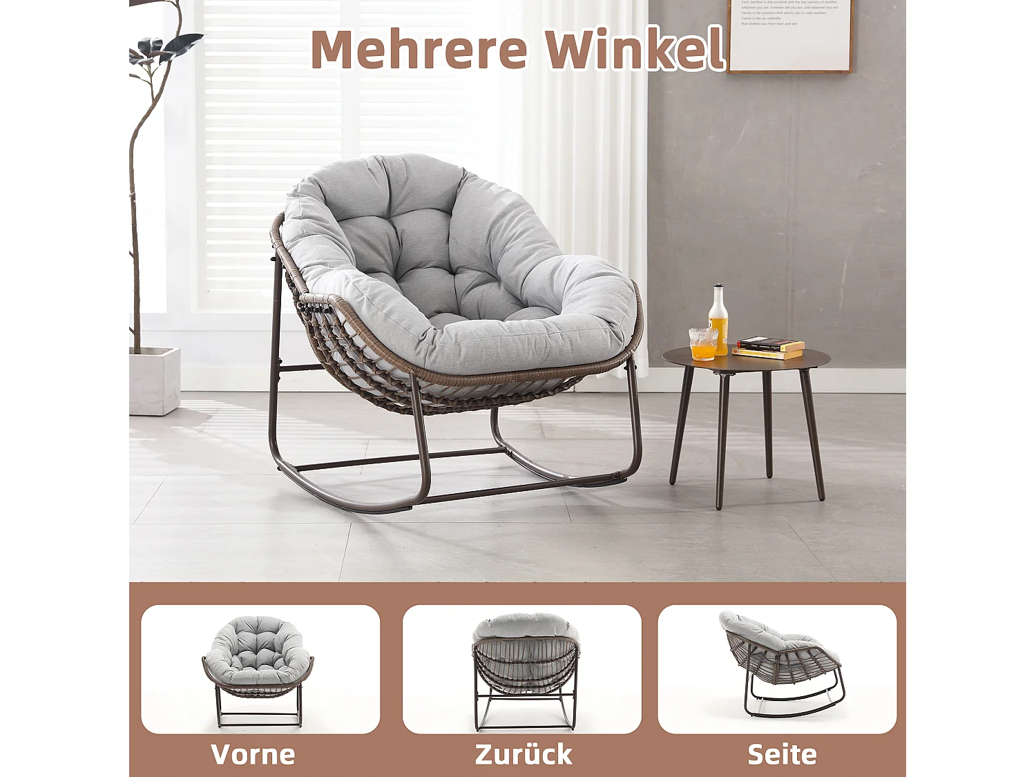 Fauteuil à Bascule en Rotin Naturel - Forme Œuf et Coussin Gris Clair - Confortable pour Salon, Véranda ou Chambre