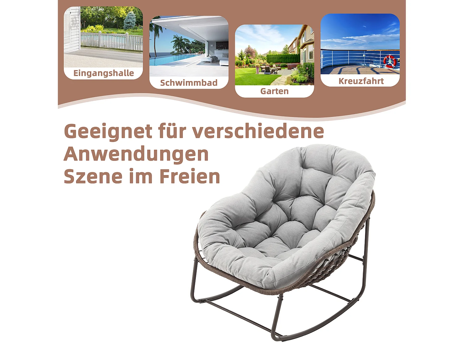 Fauteuil à Bascule en Rotin Naturel - Forme Œuf et Coussin Gris Clair - Confortable pour Salon, Véranda ou Chambre