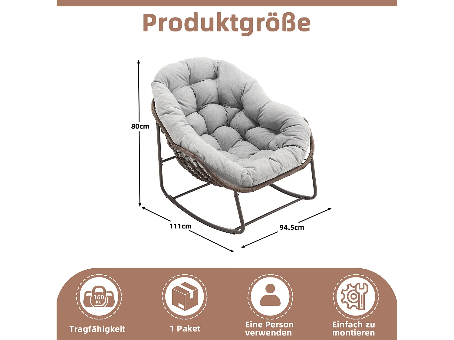 Fauteuil à Bascule en Rotin Naturel - Forme Œuf et Coussin Gris Clair - Confortable pour Salon, Véranda ou Chambre