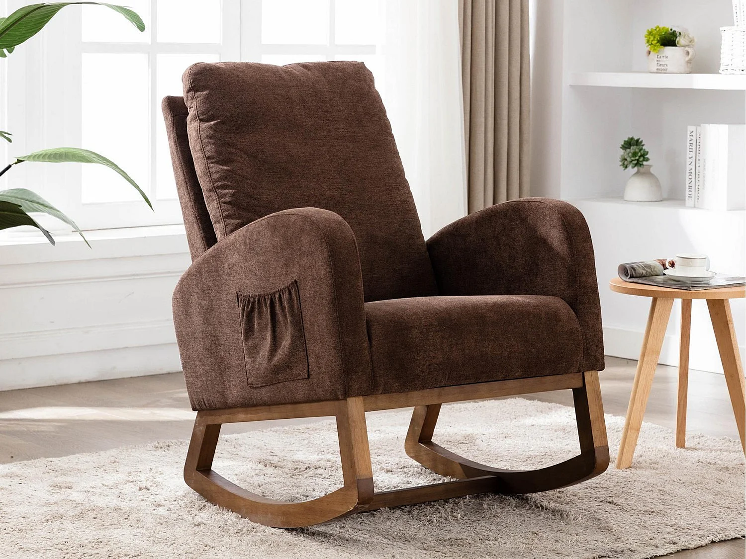 Fauteuil à Bascule en Tissu Lin Taupe avec Poches Latérales - Style Carré et Design Naturel pour Salon ou Balcon
