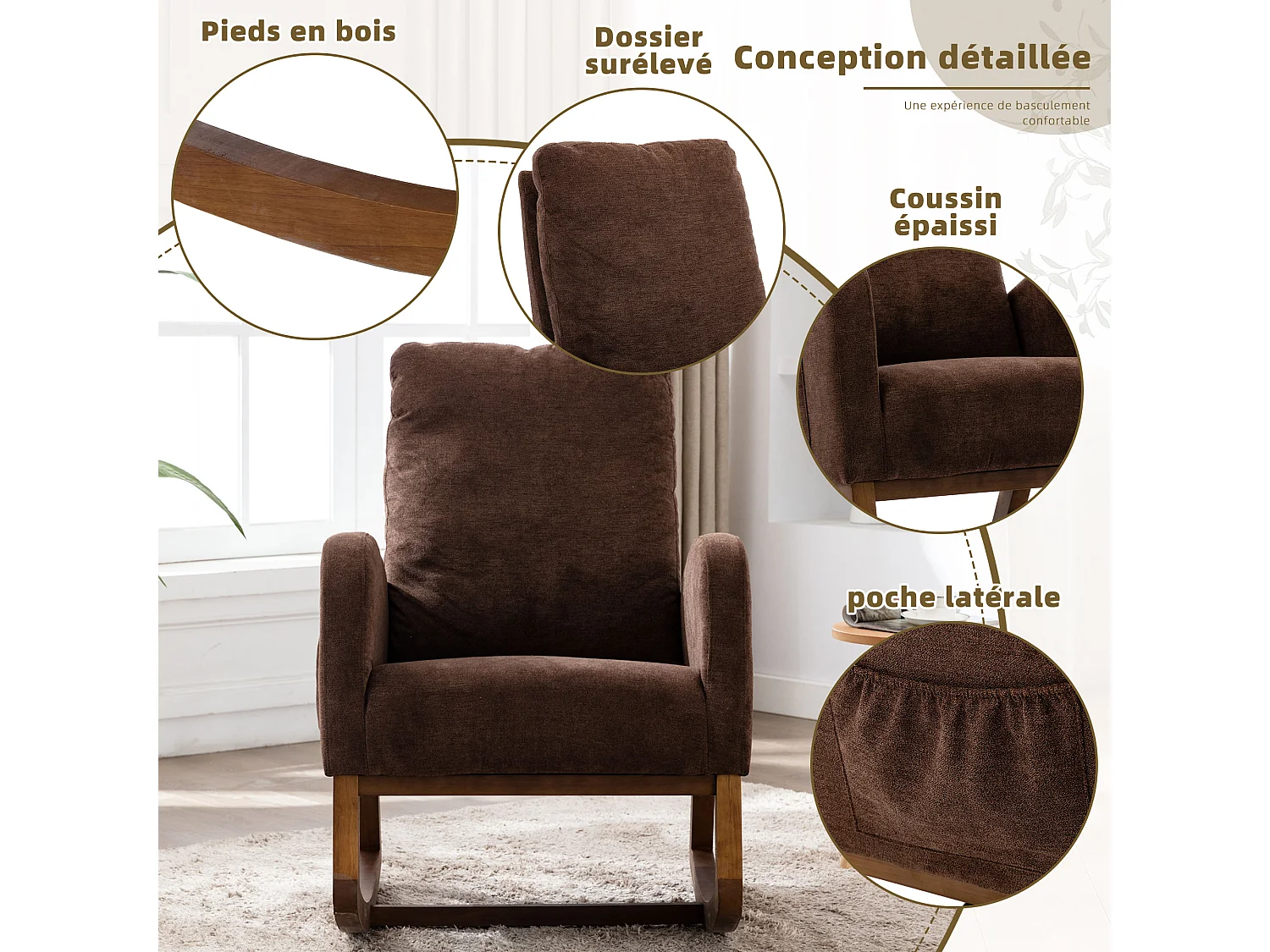 Fauteuil à Bascule en Tissu Lin Taupe avec Poches Latérales - Style Carré et Design Naturel pour Salon ou Balcon