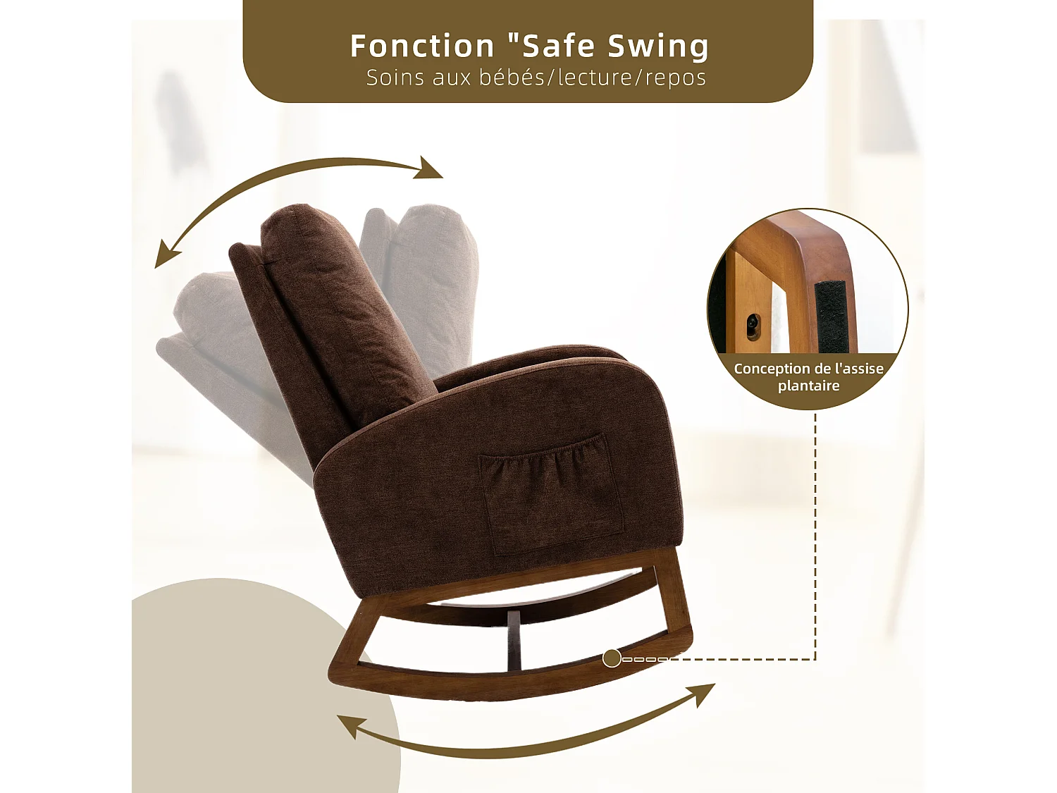 Fauteuil à Bascule en Tissu Lin Taupe avec Poches Latérales - Style Carré et Design Naturel pour Salon ou Balcon