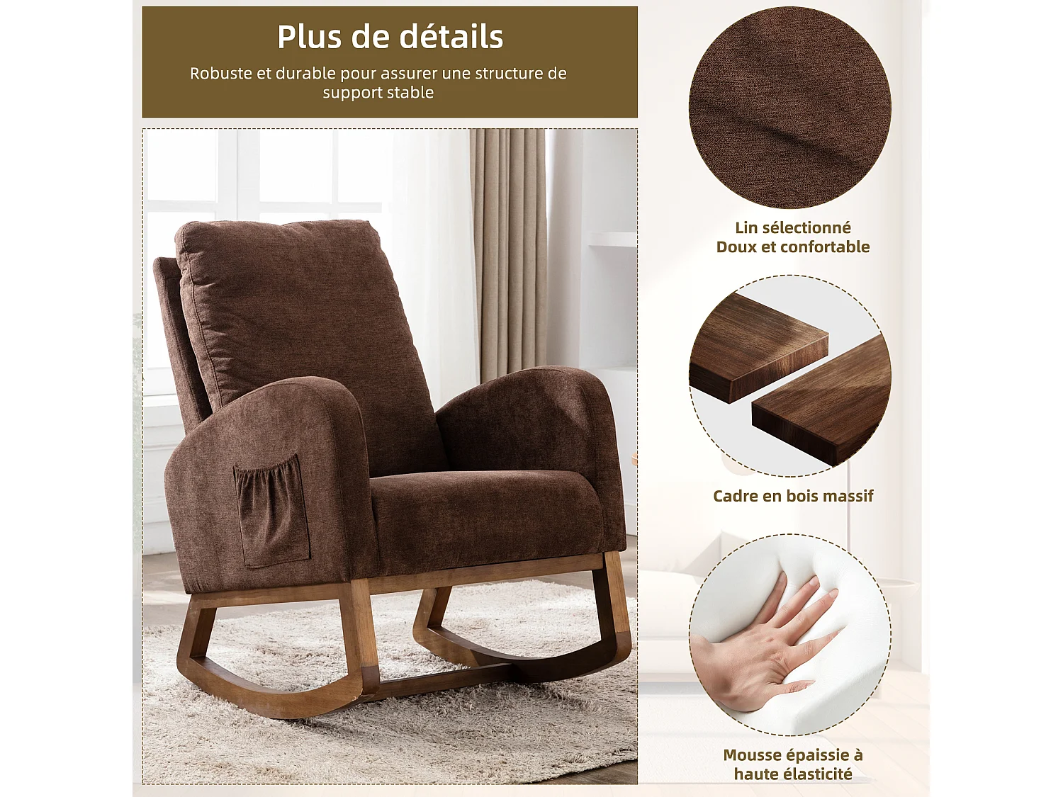 Fauteuil à Bascule en Tissu Lin Taupe avec Poches Latérales - Style Carré et Design Naturel pour Salon ou Balcon