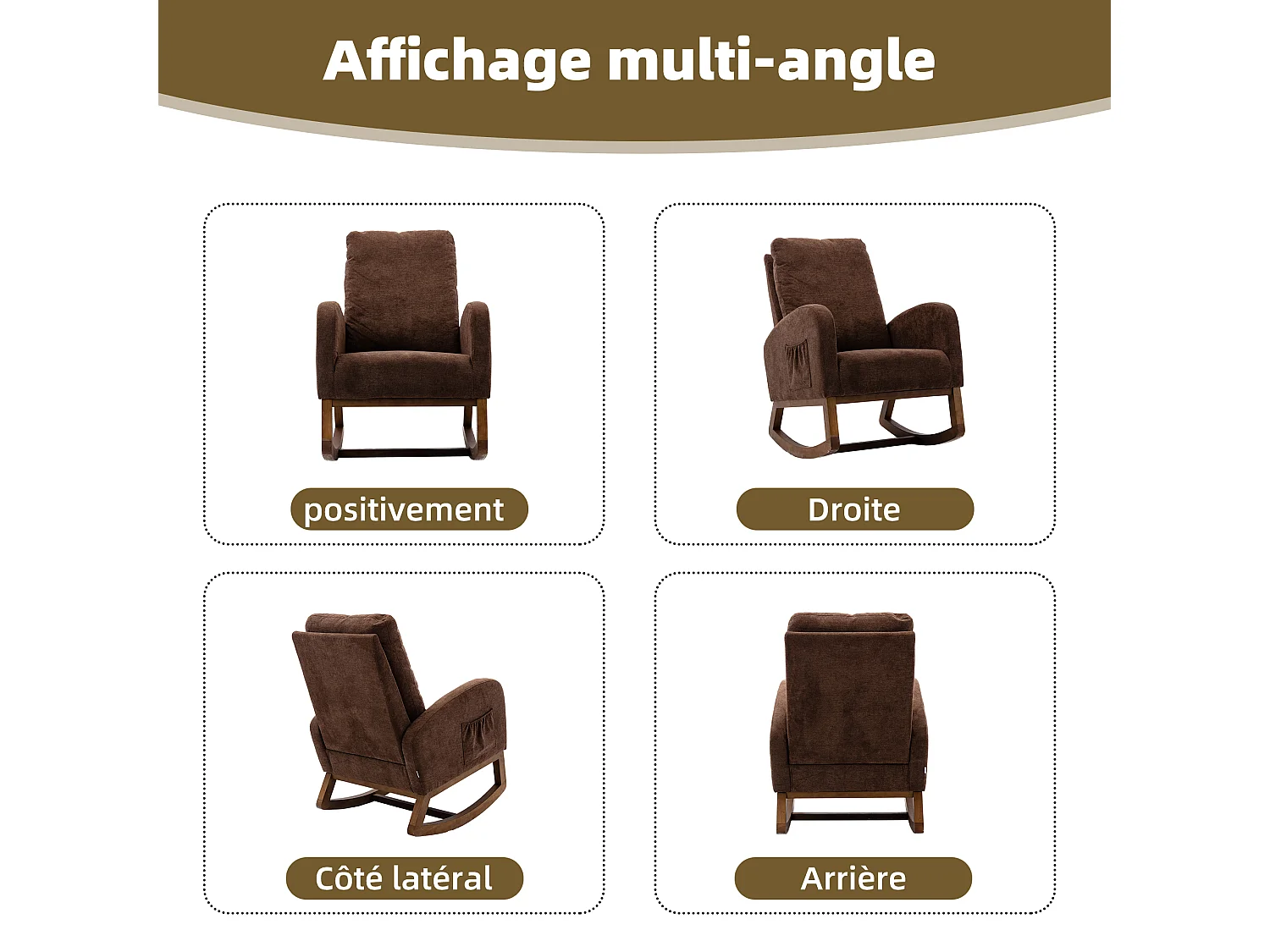 Fauteuil à Bascule en Tissu Lin Taupe avec Poches Latérales - Style Carré et Design Naturel pour Salon ou Balcon