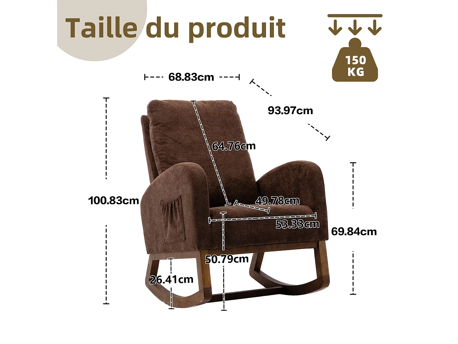 Fauteuil à Bascule en Tissu Lin Taupe avec Poches Latérales - Style Carré et Design Naturel pour Salon ou Balcon