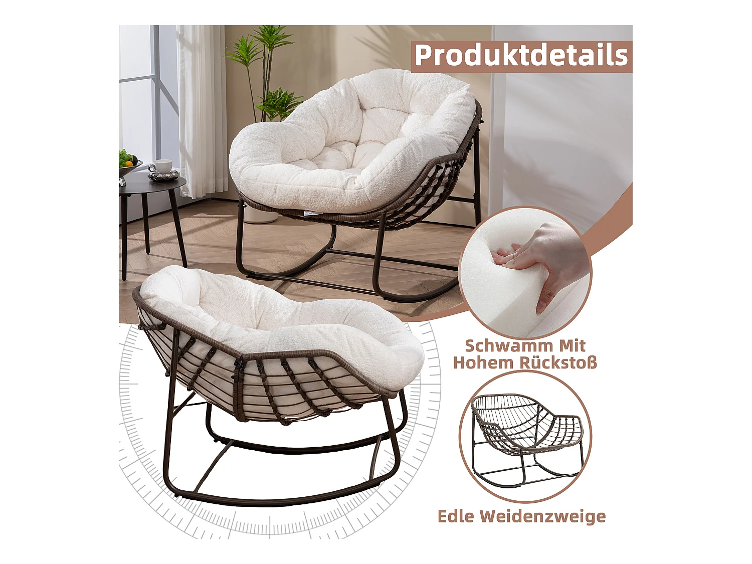 Fauteuil à Bascule en Rotin Naturel - Forme Œuf et Coussin Beige - Confortable pour Salon, Véranda ou Chambre