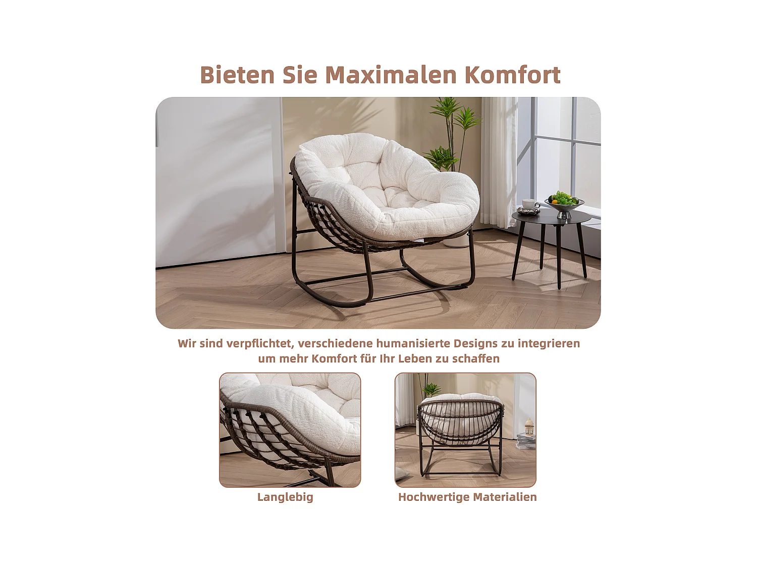 Fauteuil à Bascule en Rotin Naturel - Forme Œuf et Coussin Beige - Confortable pour Salon, Véranda ou Chambre
