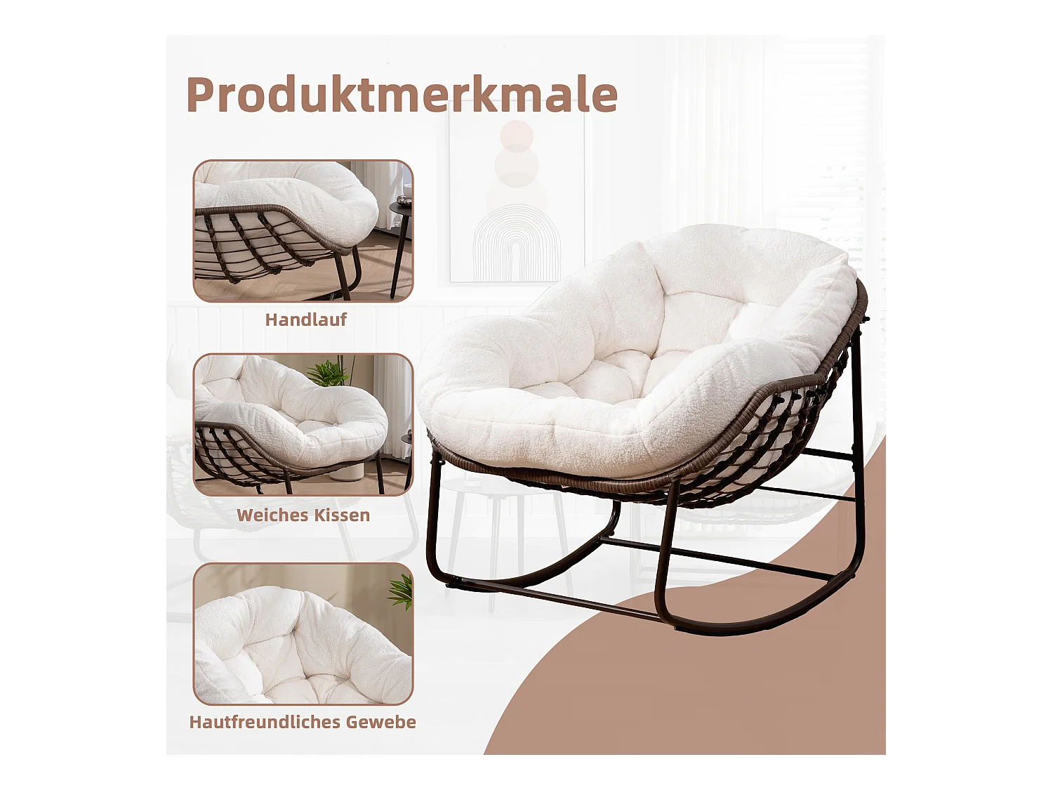 Fauteuil à Bascule en Rotin Naturel - Forme Œuf et Coussin Beige - Confortable pour Salon, Véranda ou Chambre