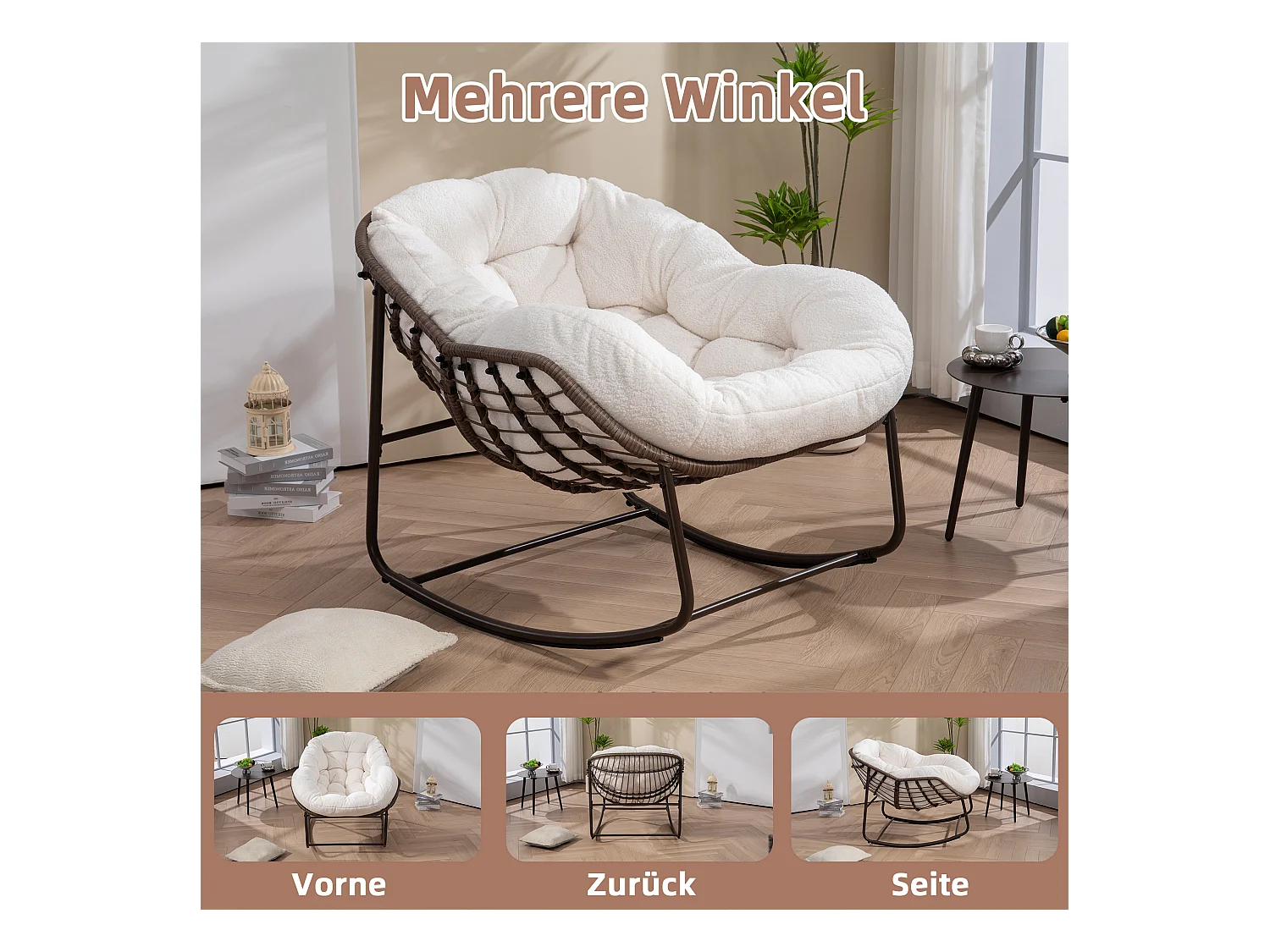 Fauteuil à Bascule en Rotin Naturel - Forme Œuf et Coussin Beige - Confortable pour Salon, Véranda ou Chambre