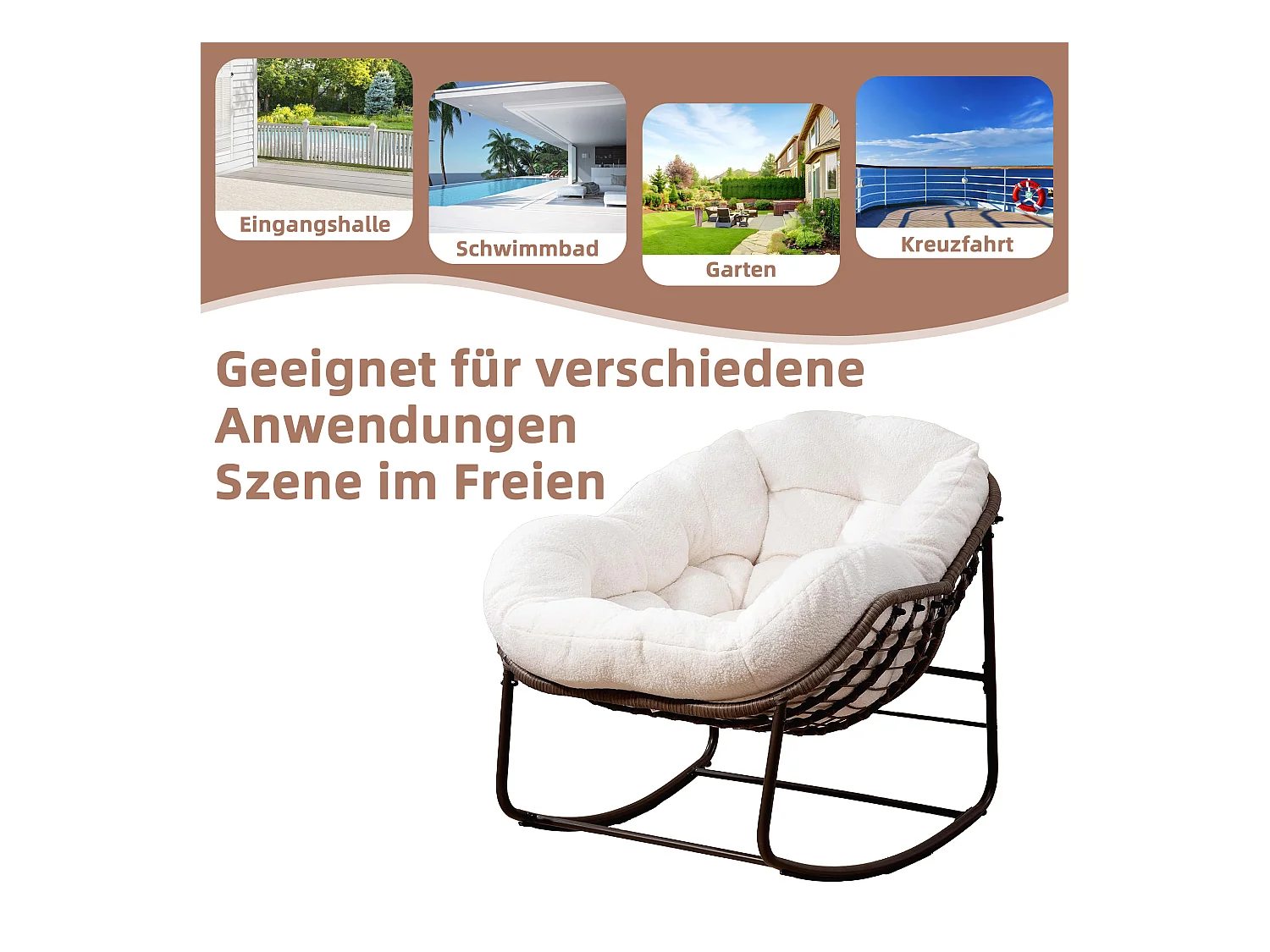 Fauteuil à Bascule en Rotin Naturel - Forme Œuf et Coussin Beige - Confortable pour Salon, Véranda ou Chambre