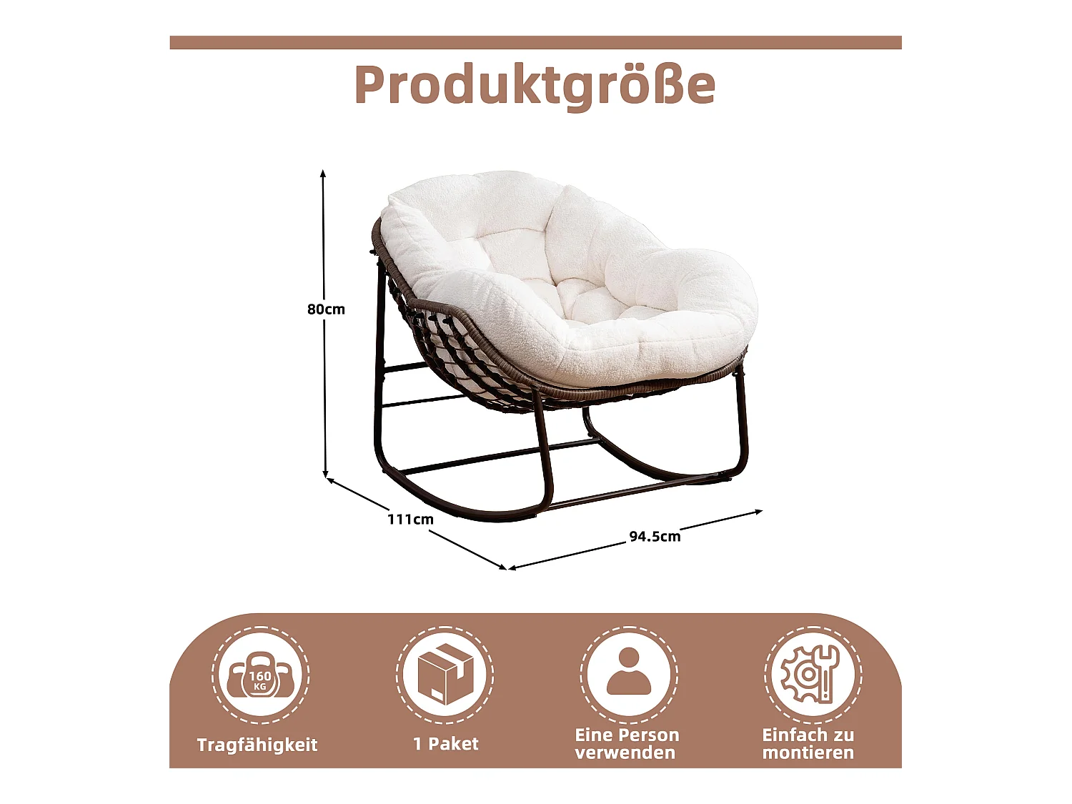 Fauteuil à Bascule en Rotin Naturel - Forme Œuf et Coussin Beige - Confortable pour Salon, Véranda ou Chambre