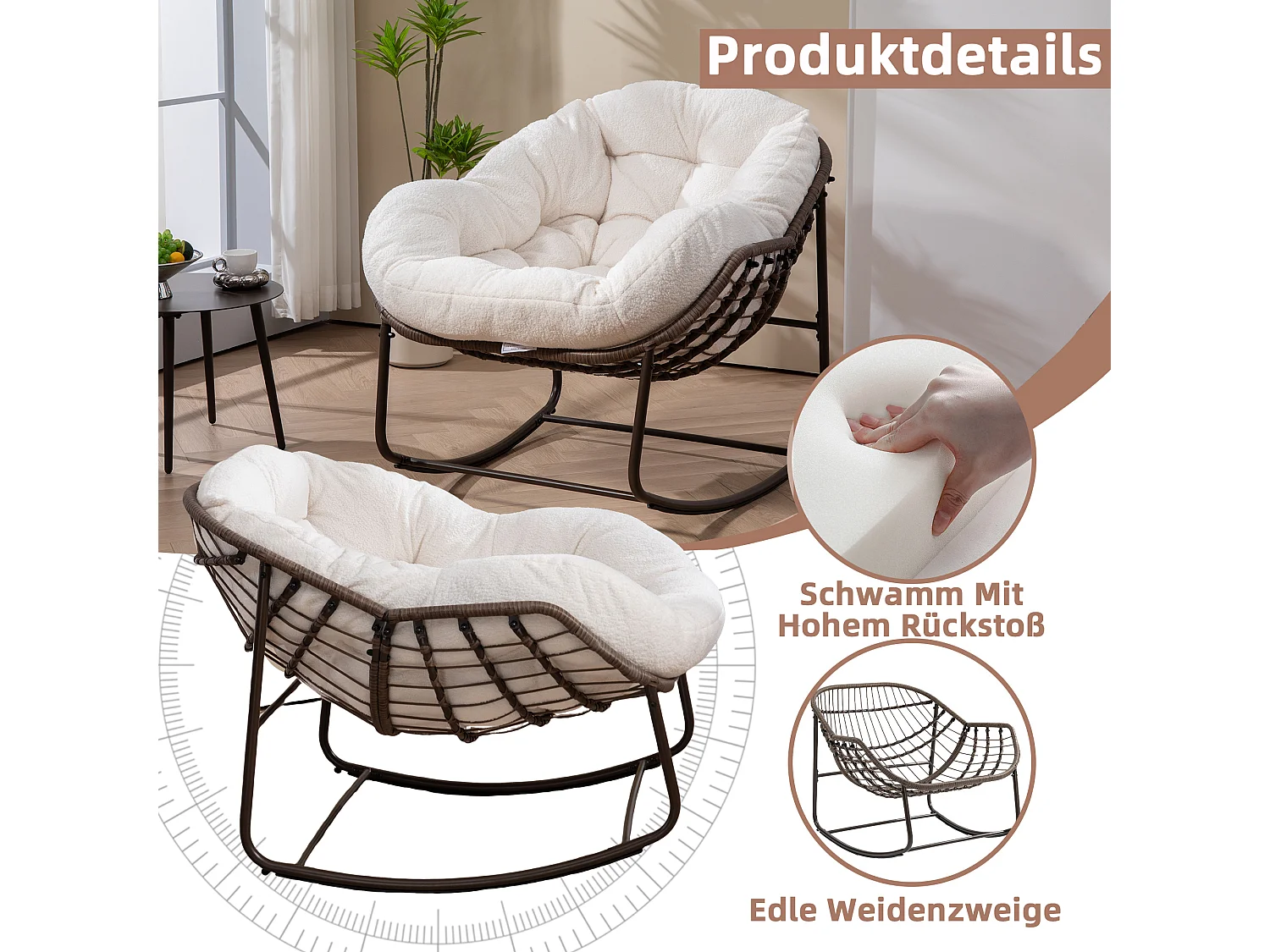 Fauteuil à Bascule en Rotin Naturel - Forme Œuf et Coussin Beige - Confortable pour Salon, Véranda ou Chambre