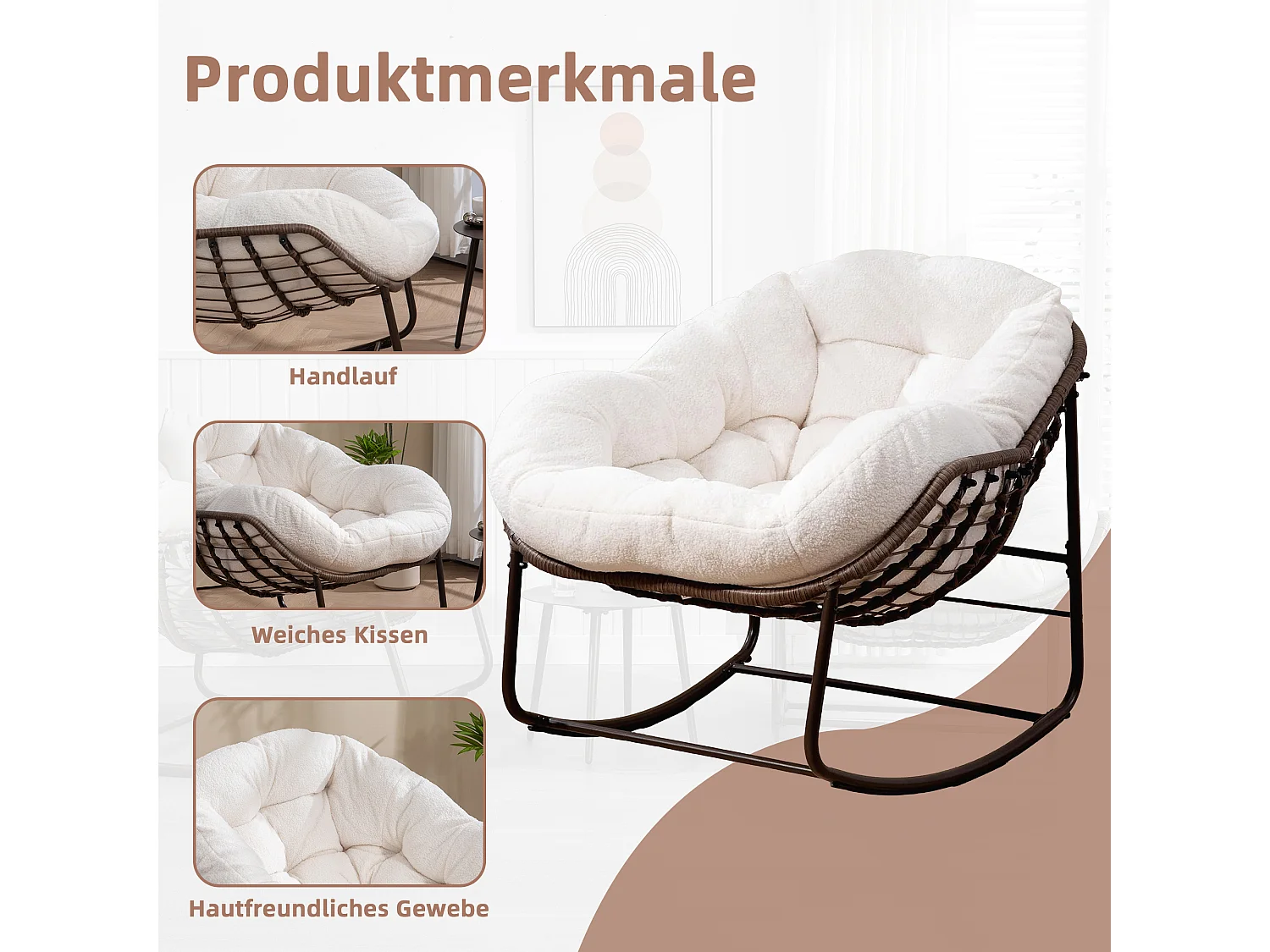 Fauteuil à Bascule en Rotin Naturel - Forme Œuf et Coussin Beige - Confortable pour Salon, Véranda ou Chambre