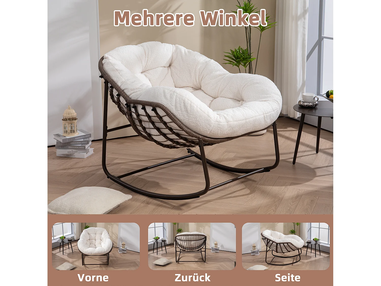 Fauteuil à Bascule en Rotin Naturel - Forme Œuf et Coussin Beige - Confortable pour Salon, Véranda ou Chambre