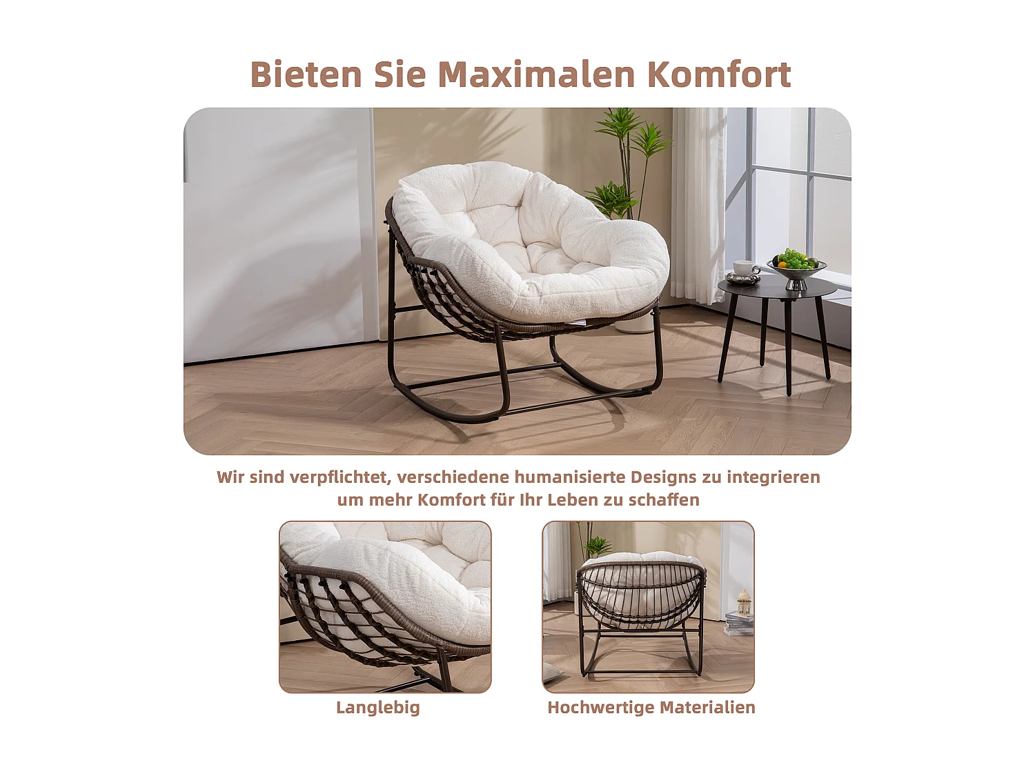 Fauteuil à Bascule en Rotin Naturel - Forme Œuf et Coussin Beige - Confortable pour Salon, Véranda ou Chambre