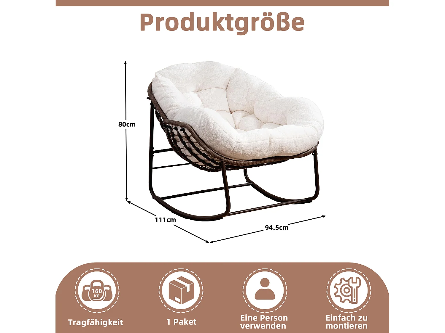 Fauteuil à Bascule en Rotin Naturel - Forme Œuf et Coussin Beige - Confortable pour Salon, Véranda ou Chambre