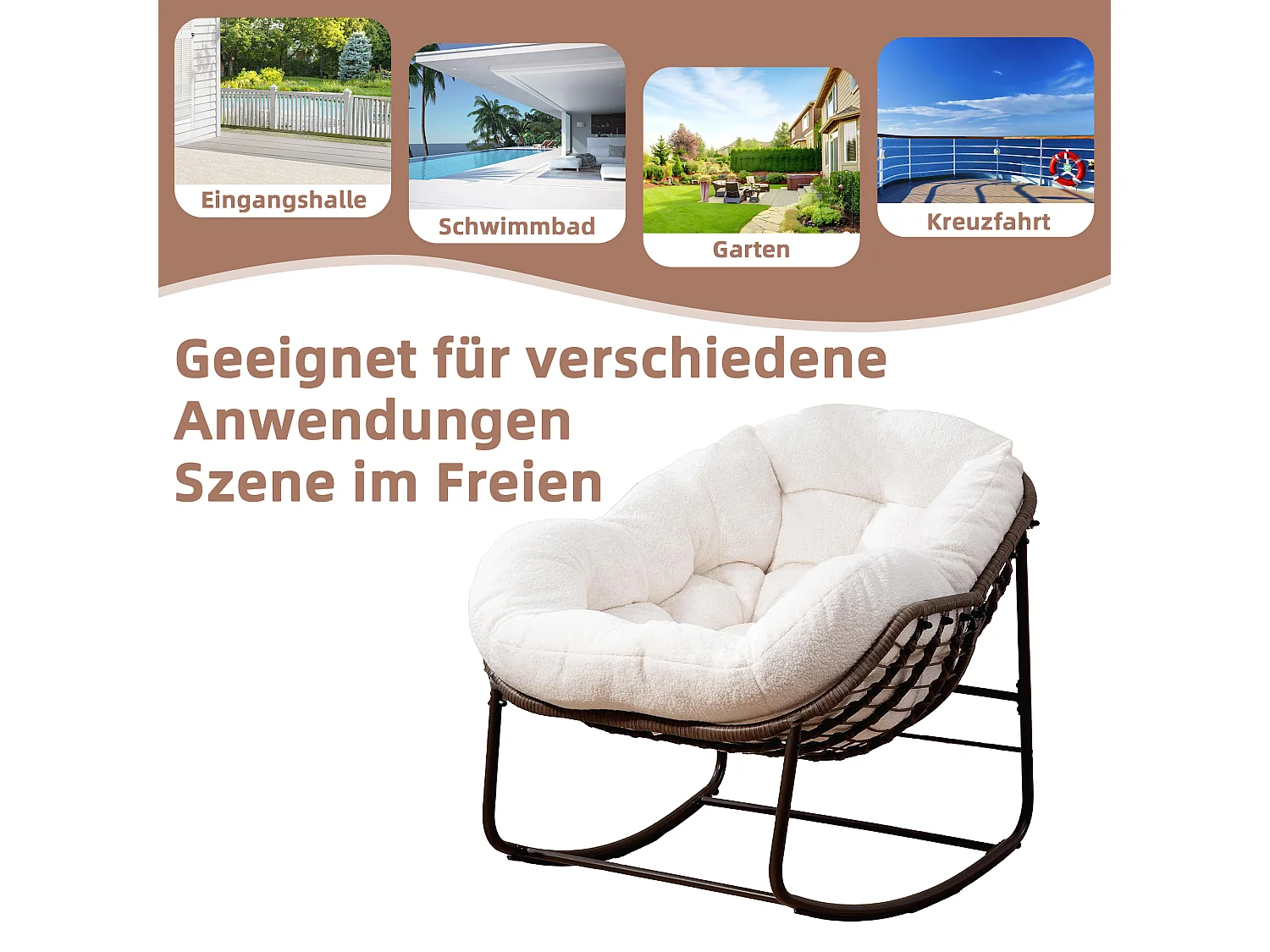 Cocon - Fauteuil à Bascule en Rotin Naturel - Forme Œuf et Coussin Beige - Confortable pour Salon, Véranda ou Chambre