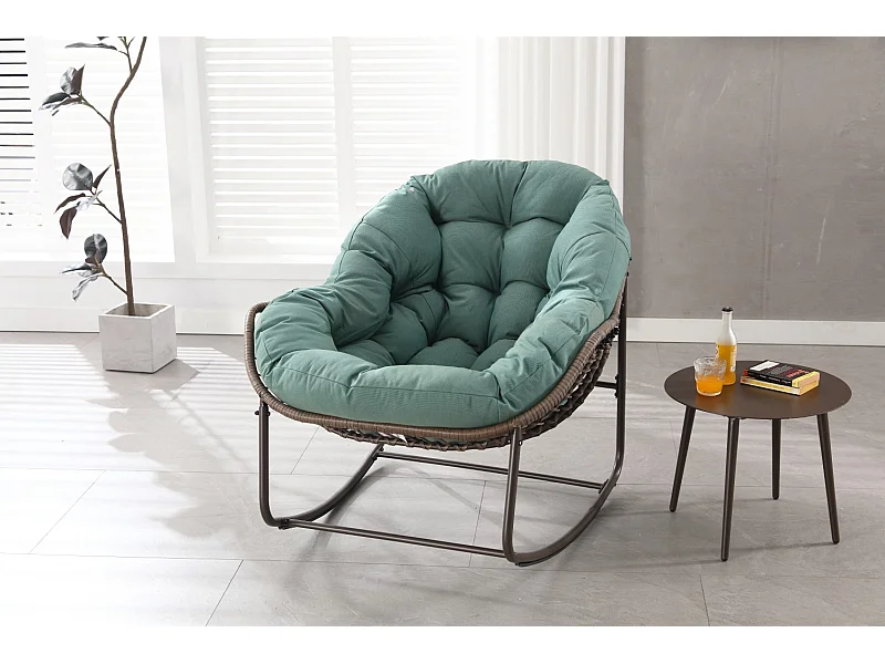 Fauteuil à Bascule en Rotin Naturel - Forme Œuf et Coussin Vert - Confortable pour Salon, Véranda ou Chambre
