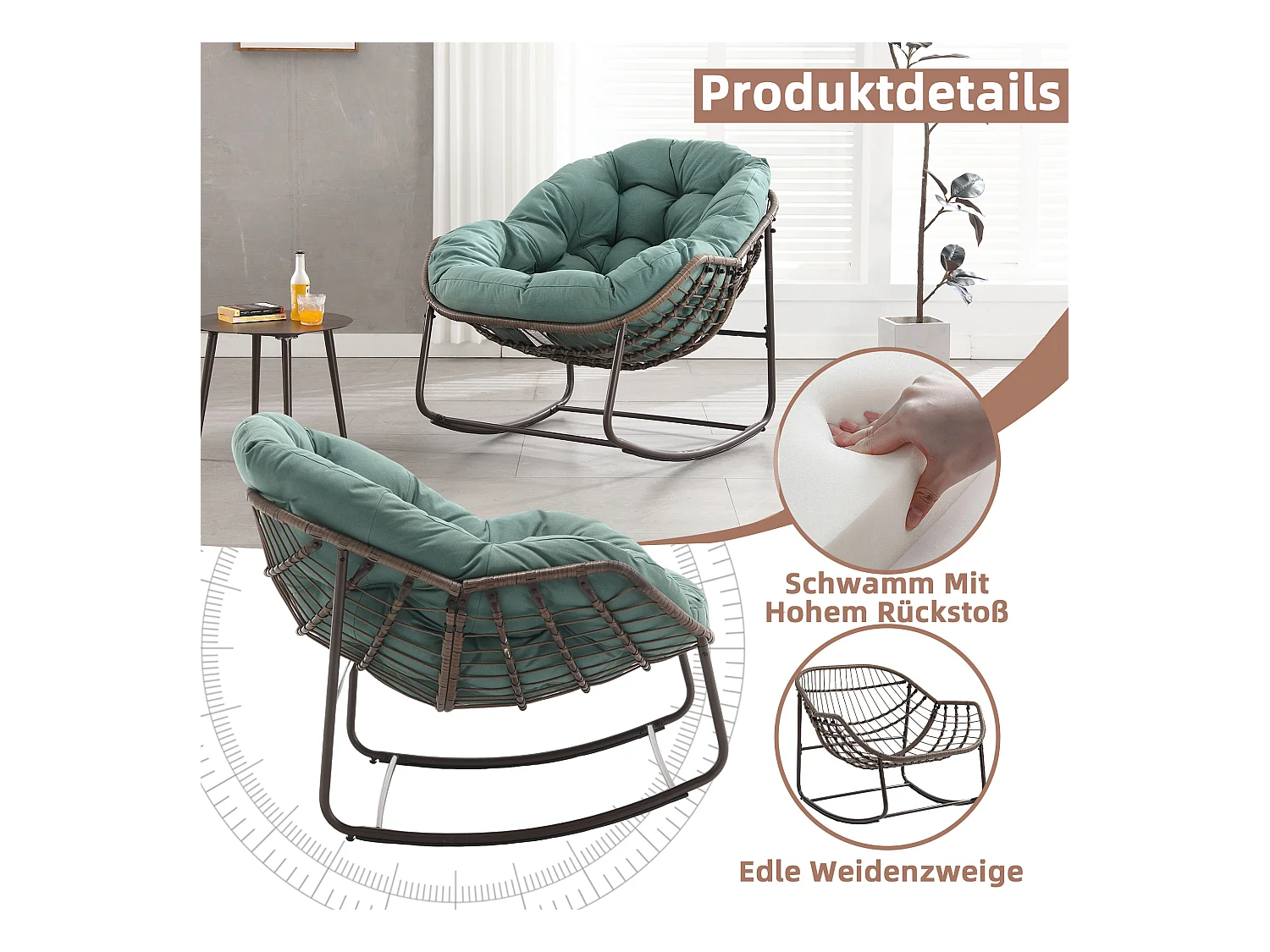 Fauteuil à Bascule en Rotin Naturel - Forme Œuf et Coussin Vert - Confortable pour Salon, Véranda ou Chambre